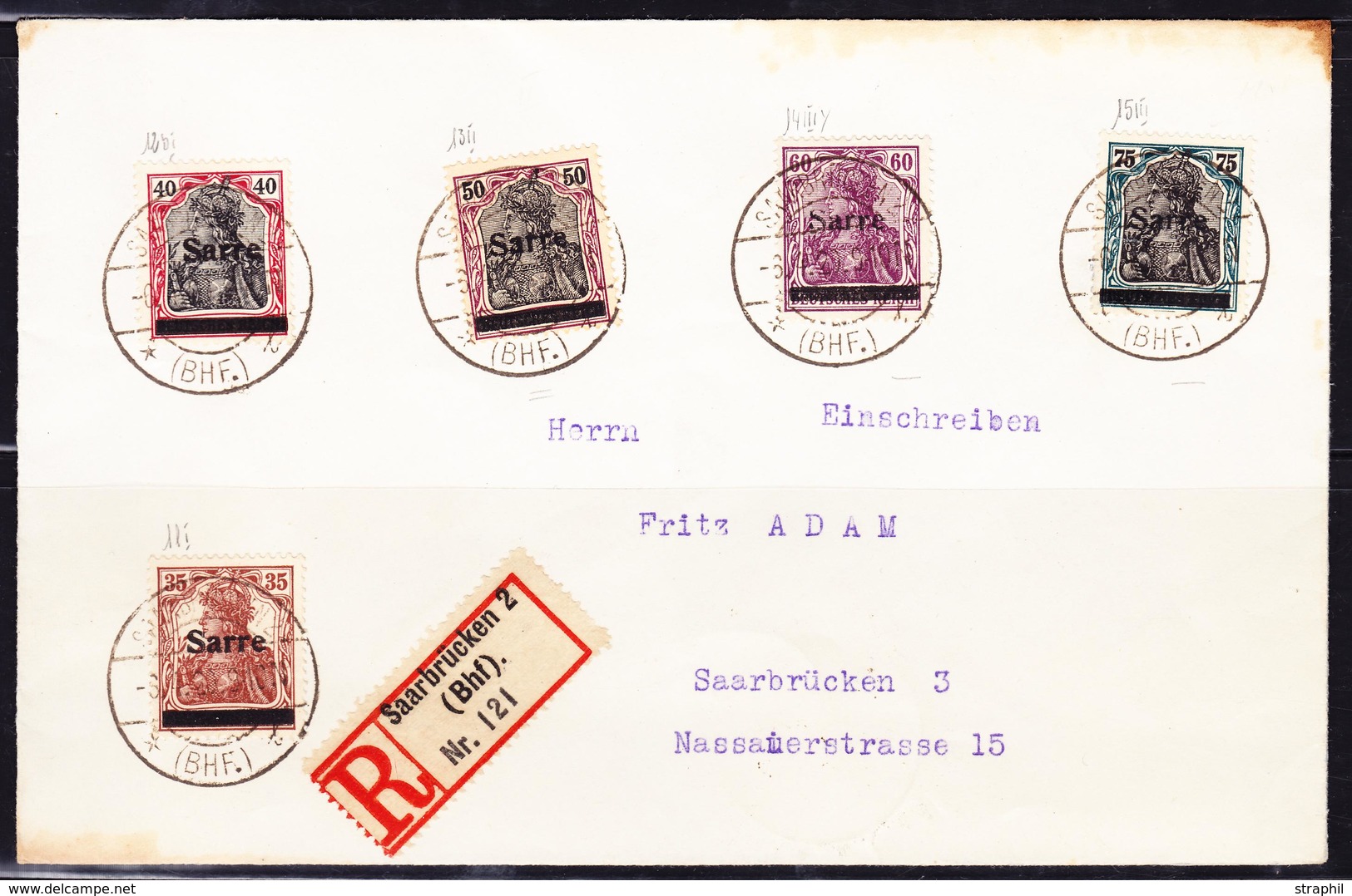L SARRE - L - N°11I, 12bI, 13II, 14IIIy, 15III - S/env. Rec Saarbrücken 2 - 6/4/1920 - Avec Certif. BURGER - B/TB - Other & Unclassified