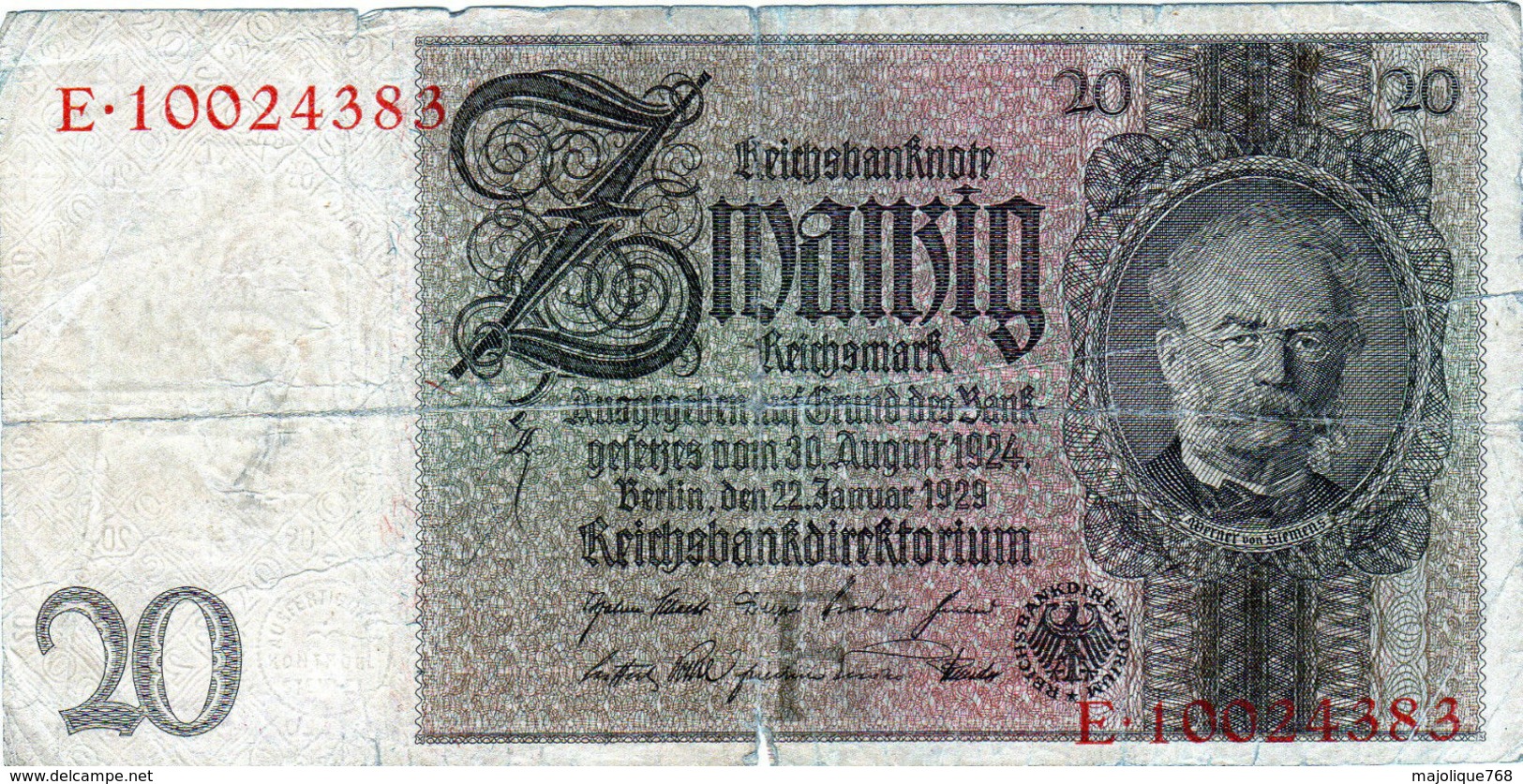 Billet Allemand De 20 Reichsmark Le 22-janvier-1929 - 8 Chiffres En B - - 20 Mark