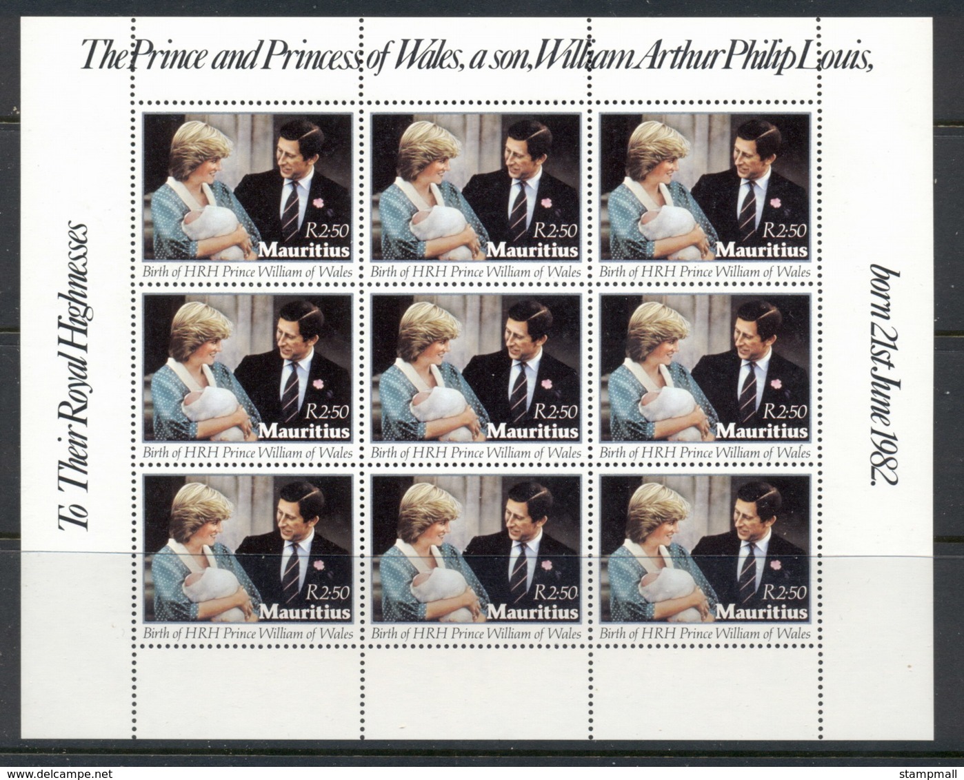 Mauritius 1982 Birth Of Prince William, Diana & Charles Sheet MUH - Mauritius (1968-...)