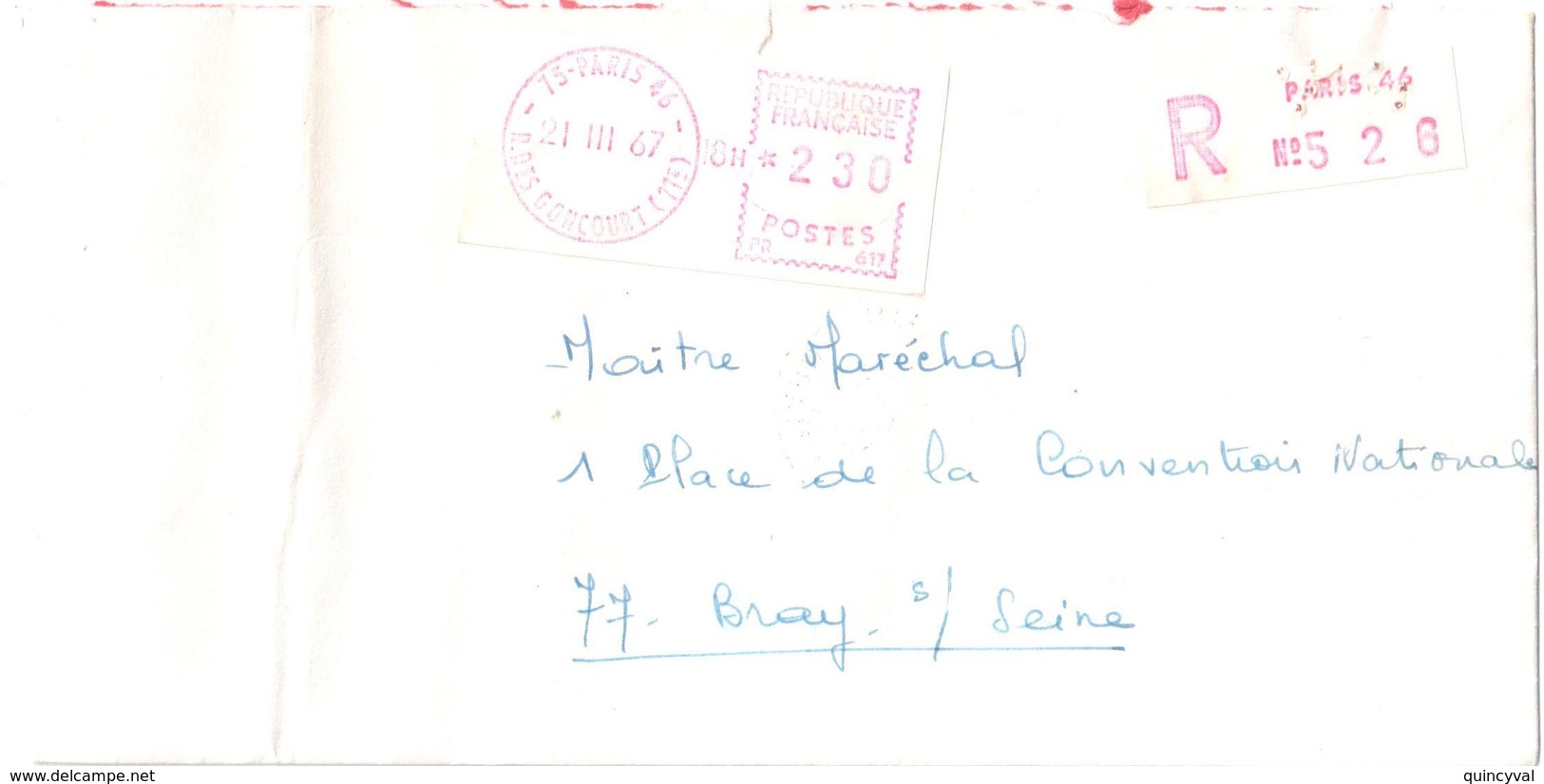 PARIS 46 Lettre Recommandée R Des Goncourt EMA De Guichet PR 617 Dest Bray Sur Seine 77 SECAP Ob B31 3 1967 - EMA ( Maquina De Huellas A Franquear)