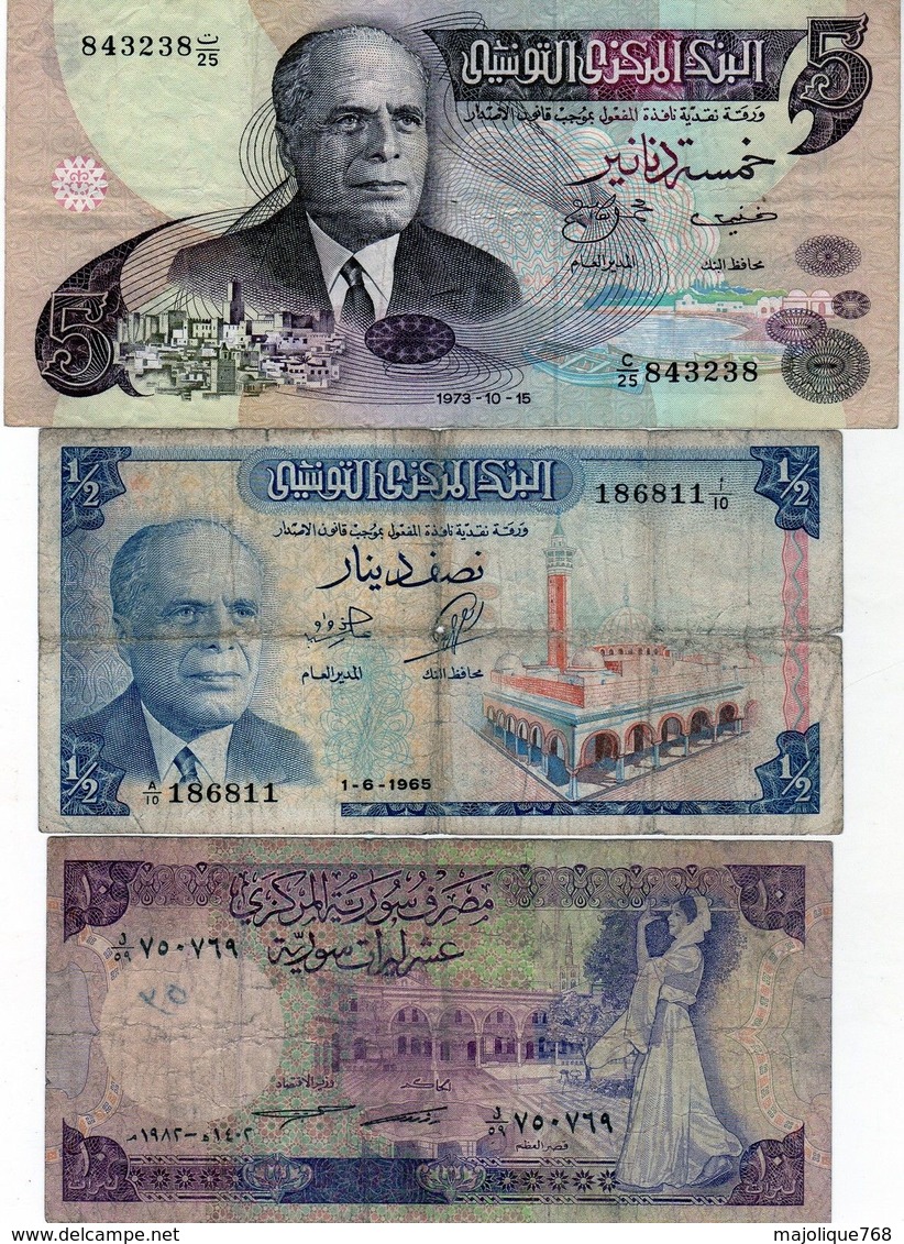 2 Billets De La Tunisie: 1 De 5 Dinar 15-10-1973 &  1 De 1/2 Dinar 1-6-65 &  1 Billet De La Syrie De 1 Pounds 1982 - Autres - Afrique