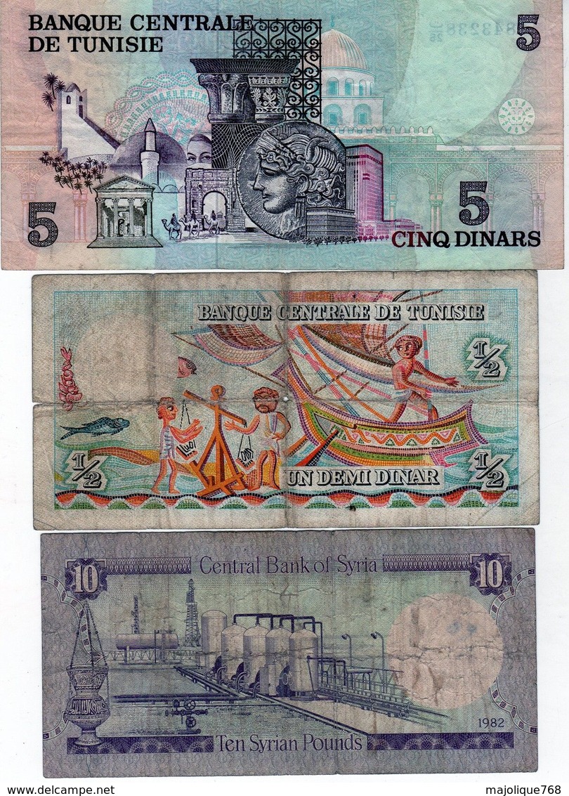2 Billets De La Tunisie: 1 De 5 Dinar 15-10-1973 &  1 De 1/2 Dinar 1-6-65 &  1 Billet De La Syrie De 1 Pounds 1982 - Autres - Afrique