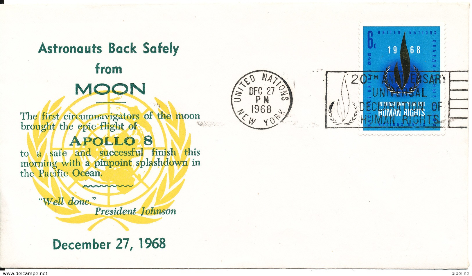 USA UN New York Cover Apollo 8 Astronauts Back Safely From Moon 27-12-1968 - United States