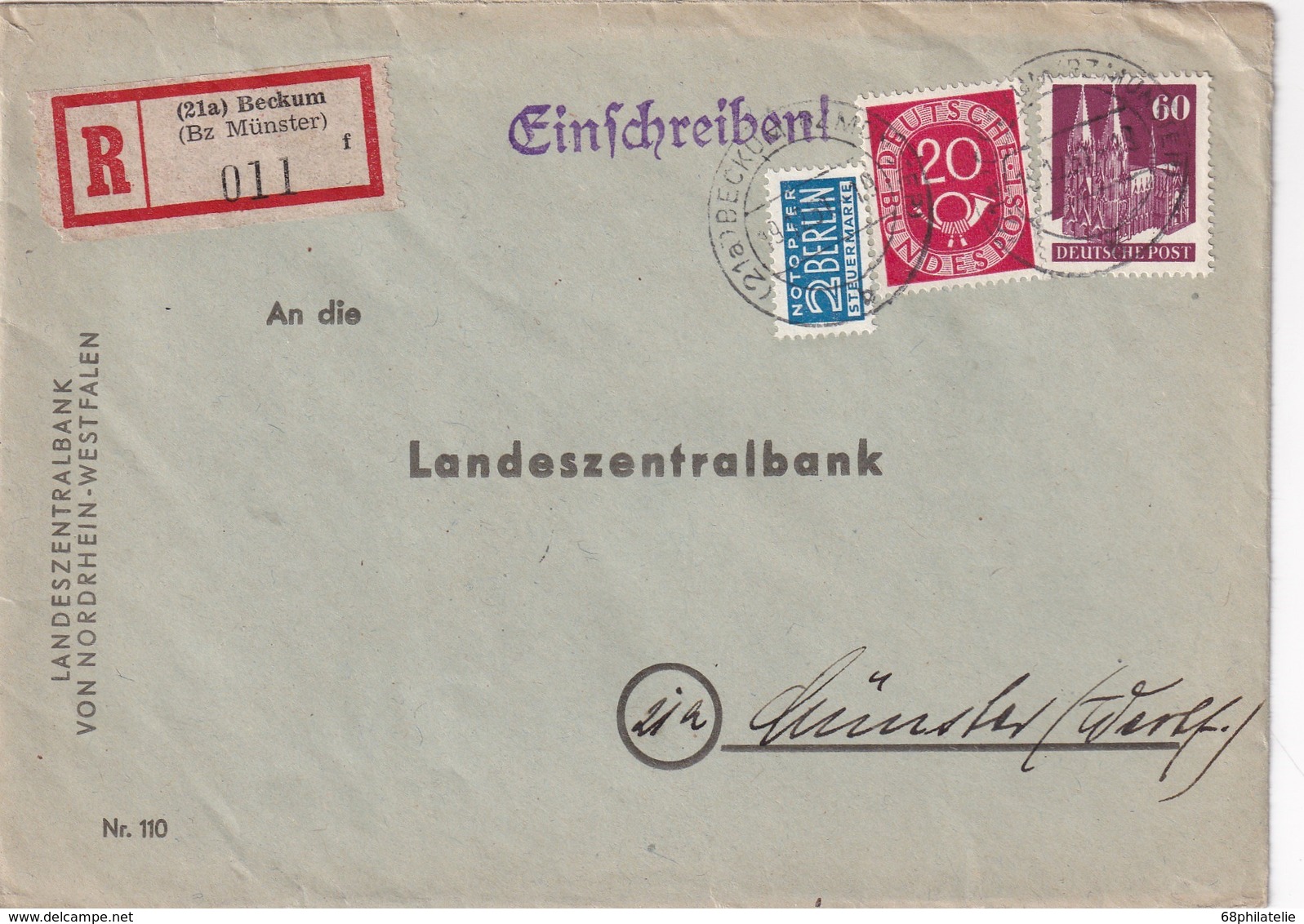 BUND 1951 LETTRE RECOMMANDEE DE BECKUM AVEC CACHET ARRIVEE MÜNSTER - Lettres & Documents