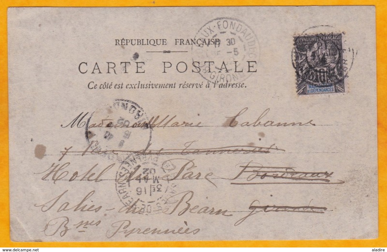 1902 - CP De Diego Suarez, Madagascar Vers Bordeaux Puis Redirigée - 10 C Type Sage Seul - Photo - Covers & Documents