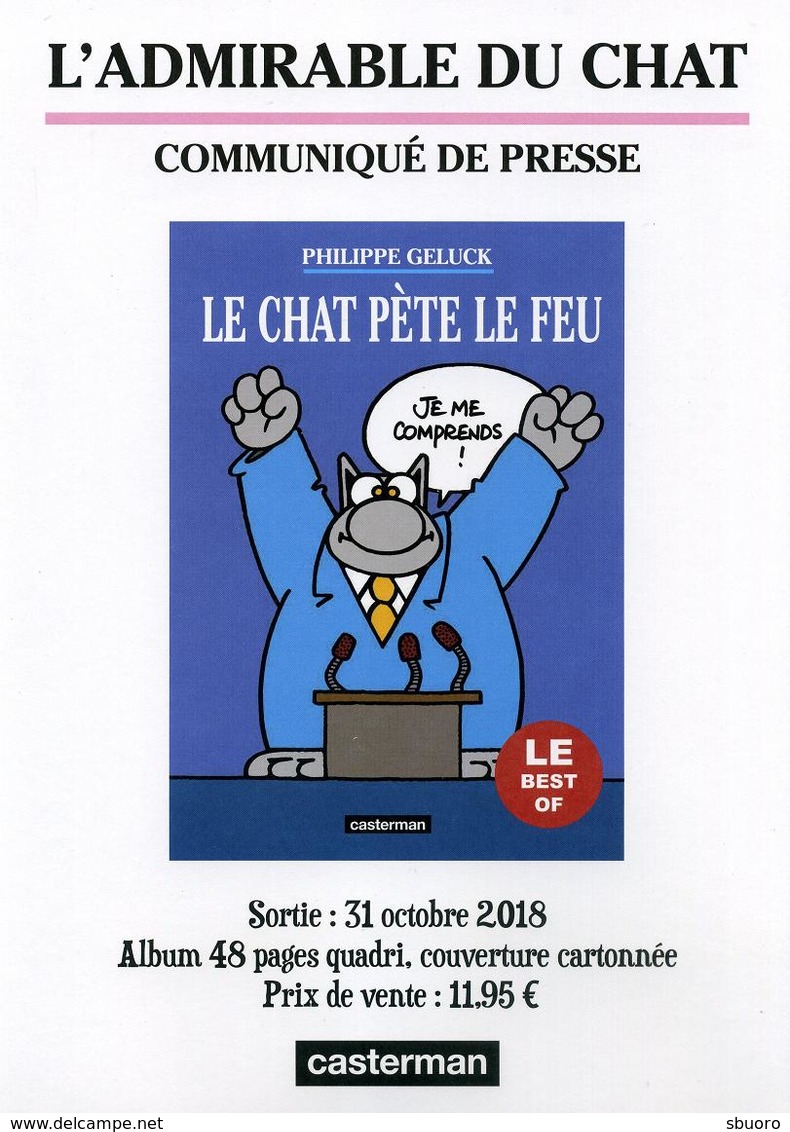 Communiqué De Presse - Le Chat Pète Le Feu - Philippe Geluck - Editions Casterman - Format A4 (2 Images) - Dossiers De Presse