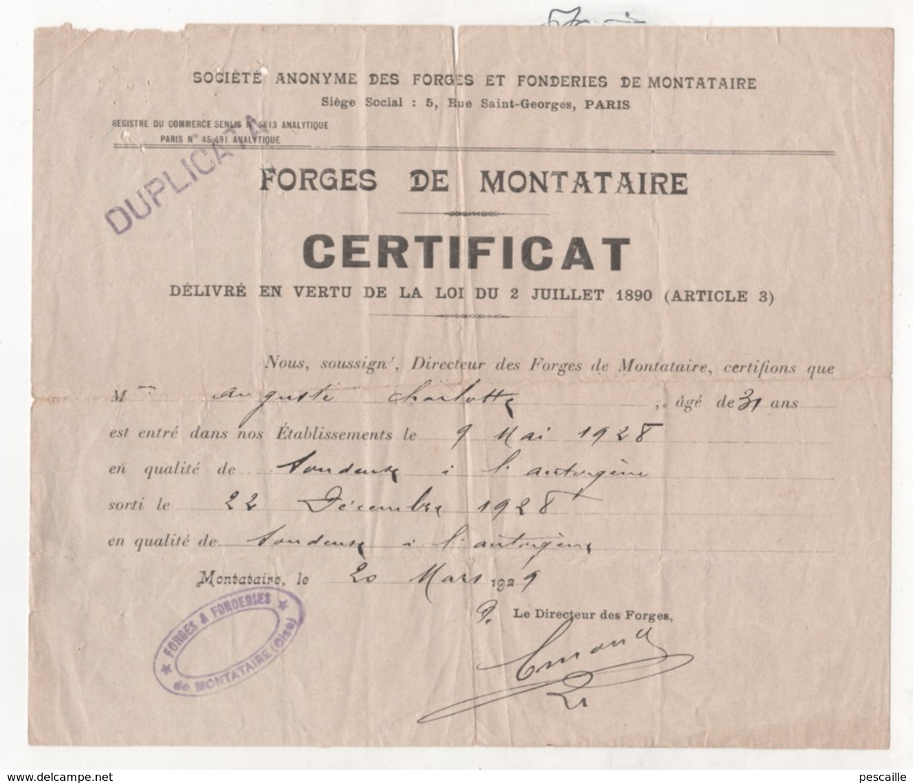 CERTIFICAT DE TRAVAIL FORGES ET FONDERIES DE MONTATAIRE - 60 OISE - 1929 - Historische Dokumente