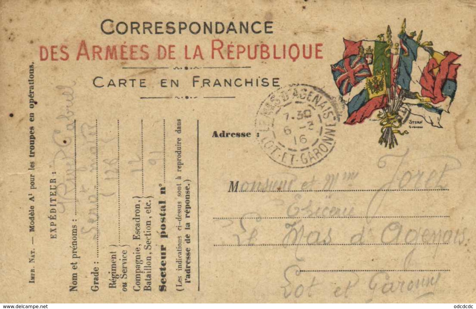 Correspondance Des Armées De La Republique Carte En Franchise SP 91 Vers Le Mas D'Agenais Lot Et Gar   Recto Verso - Other & Unclassified