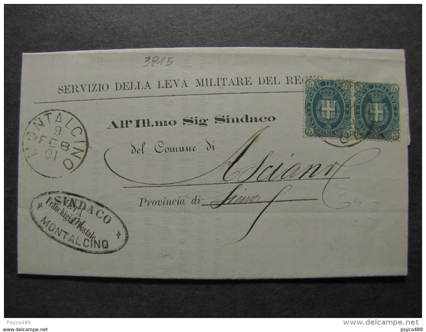 3815 ITALIA Regno-1889- "Stemma" C. 5 MONTALCINO>ASCIANO (descrizione) - Storia Postale