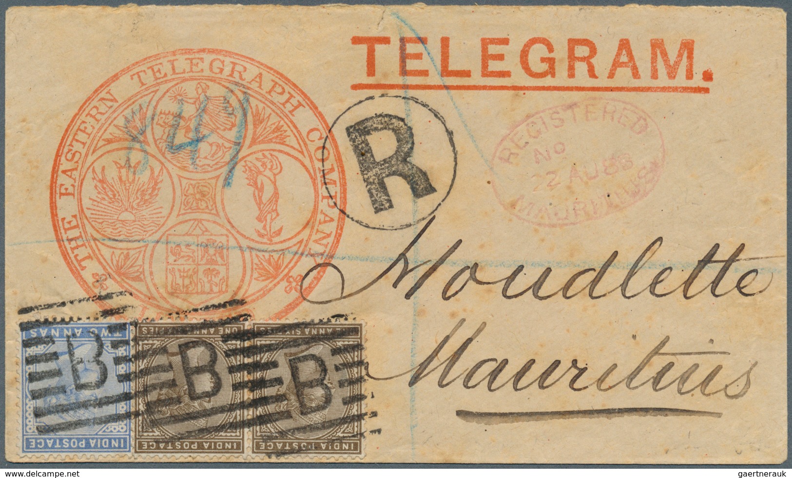 Aden: 1888 Registered Telegram, Printed By 'The Eastern Telegraph Company', Used From Aden To Maurit - Jemen