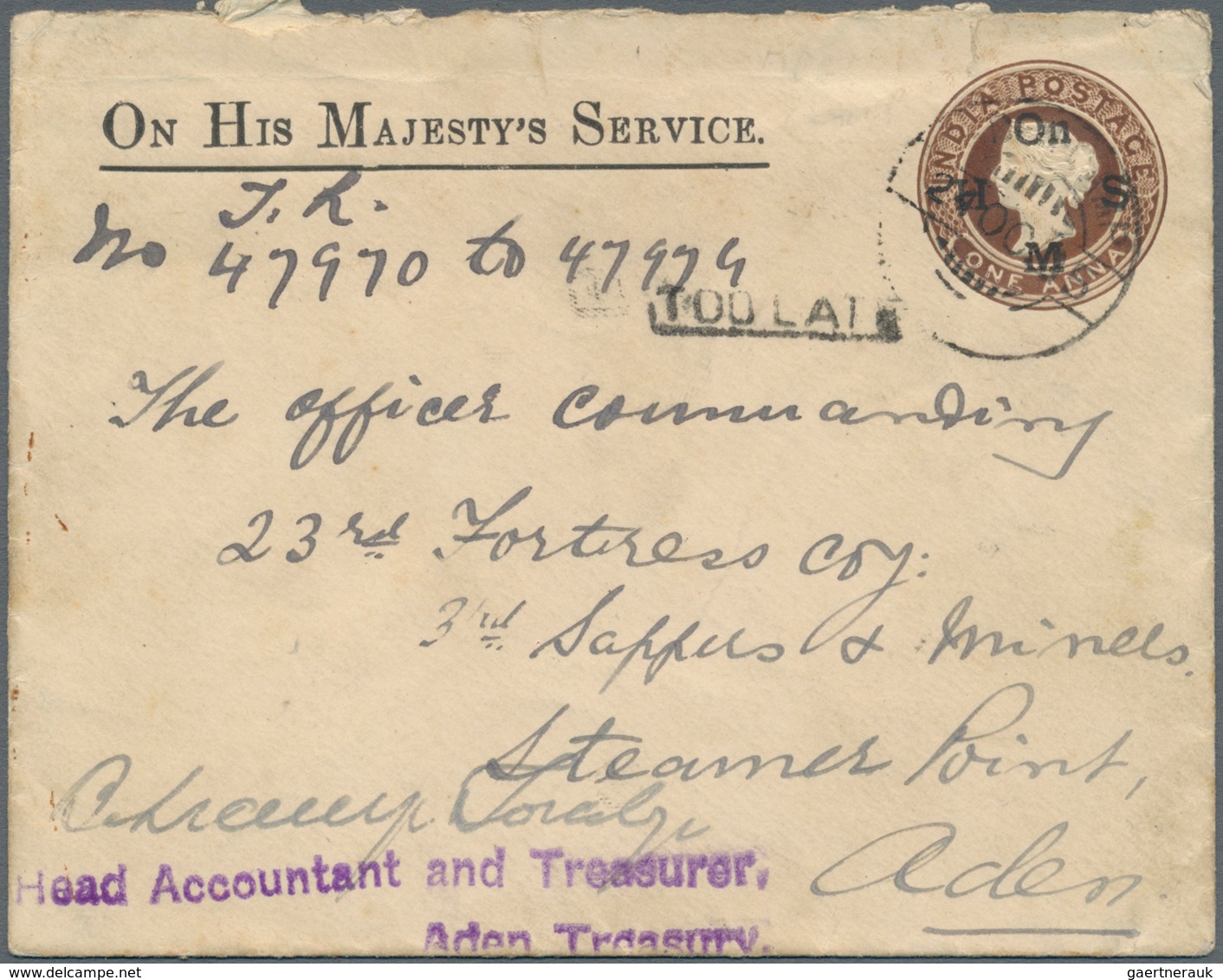 Aden: 1905, India Official Envelope 1a. Brown, Used 24.10 From "ADEN CMAP" To An Army Unit At "ADEN - Yémen