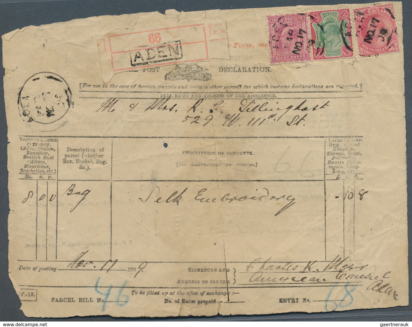 Aden: 1909 Post Declaration For Parcel, Franked With India KE 1r., 8a. And 1a. Tied With "ADEN/PAR/N - Jemen