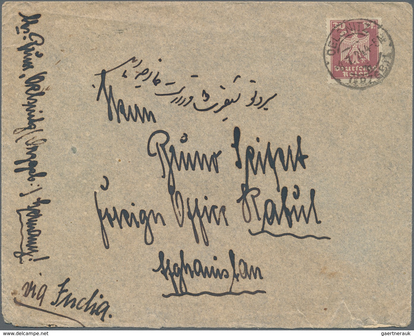 Afghanistan: 1924, Cover From "OELSNITZ 18.7.24" Via India To Kabul On Reverse Afghnian 30 P Green. - Afghanistan