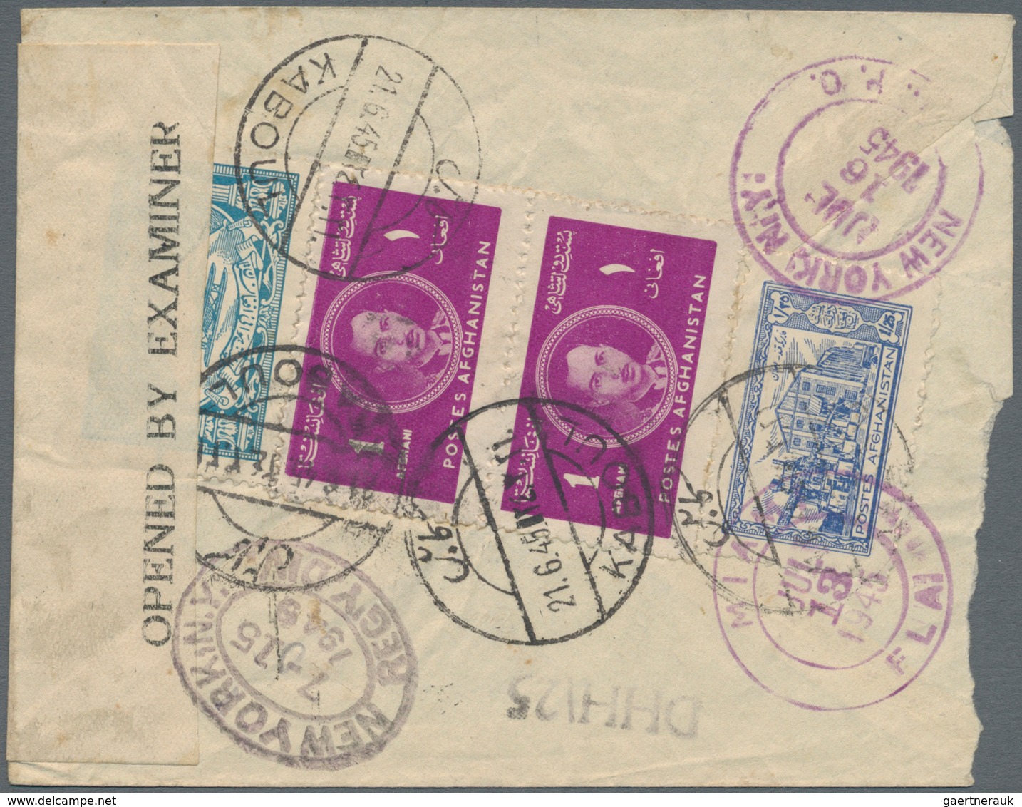 Afghanistan: 1945. Registered Airmail Letter (faults) To New York, Franked (all At Back), 1 Pl Red-l - Afganistán