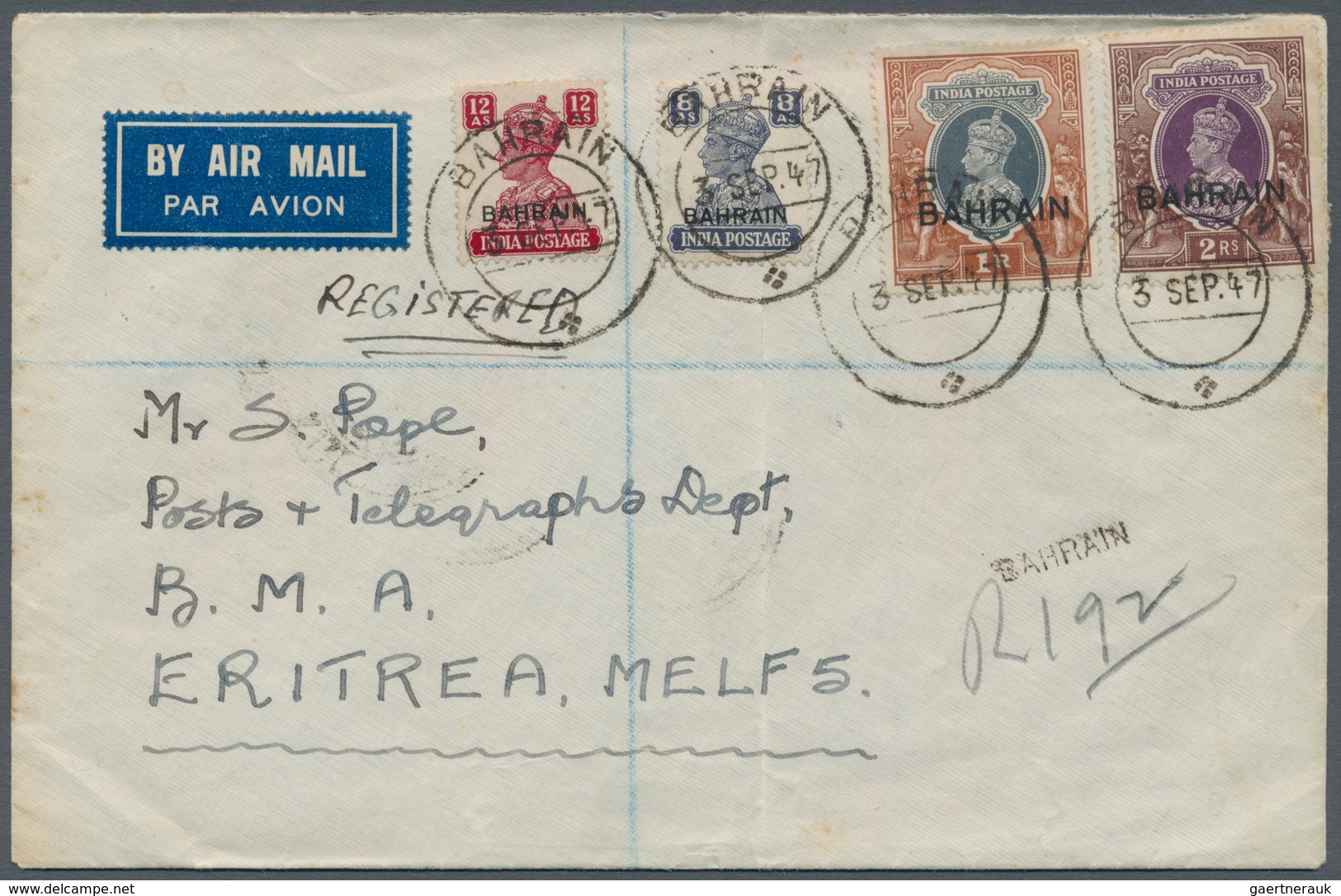 Bahrain: 1947 Registered Airmail Cover (fault) From Bahrain To B.M.A. ERITREA, Franked By 13 KGVI. D - Bahrain (1965-...)