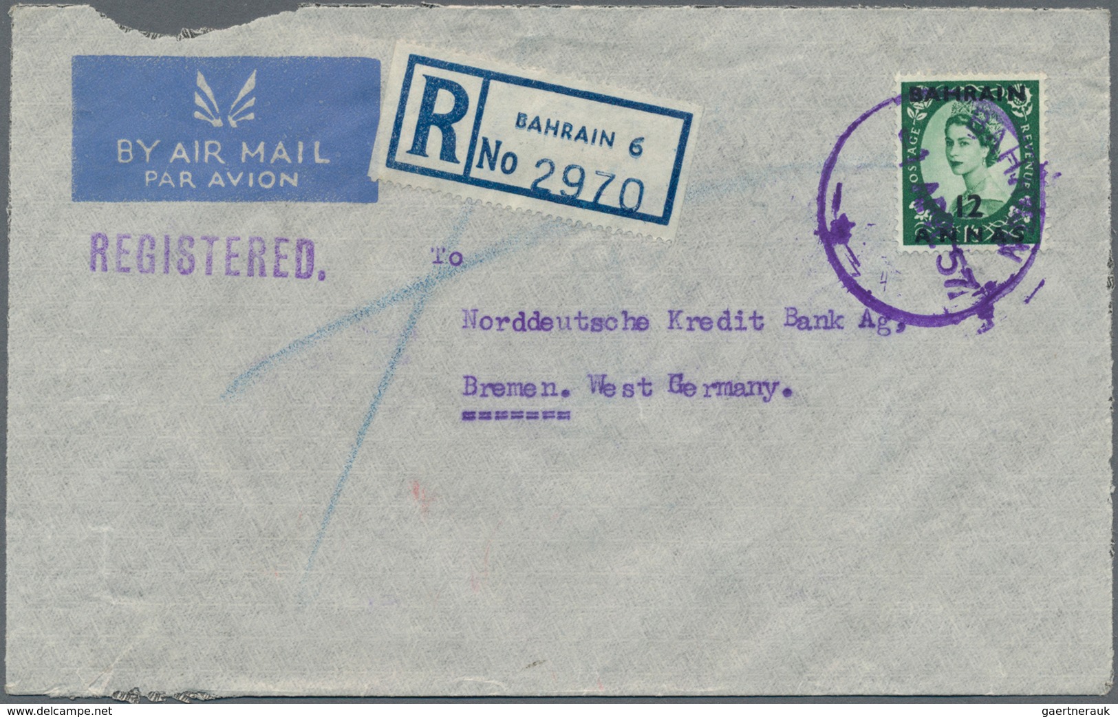 Bahrain: 1957/1935: Registered Airmail Cover Used From Bahrain To Germany In 1957, Franked By QEII. - Bahrain (1965-...)