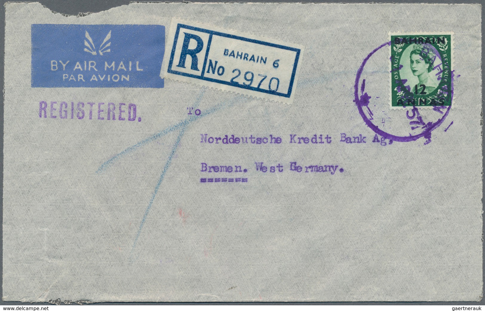 Bahrain: 1957/1935: Registered Airmail Cover Used From Bahrain To Germany In 1957, Franked By QEII. - Bahrein (1965-...)