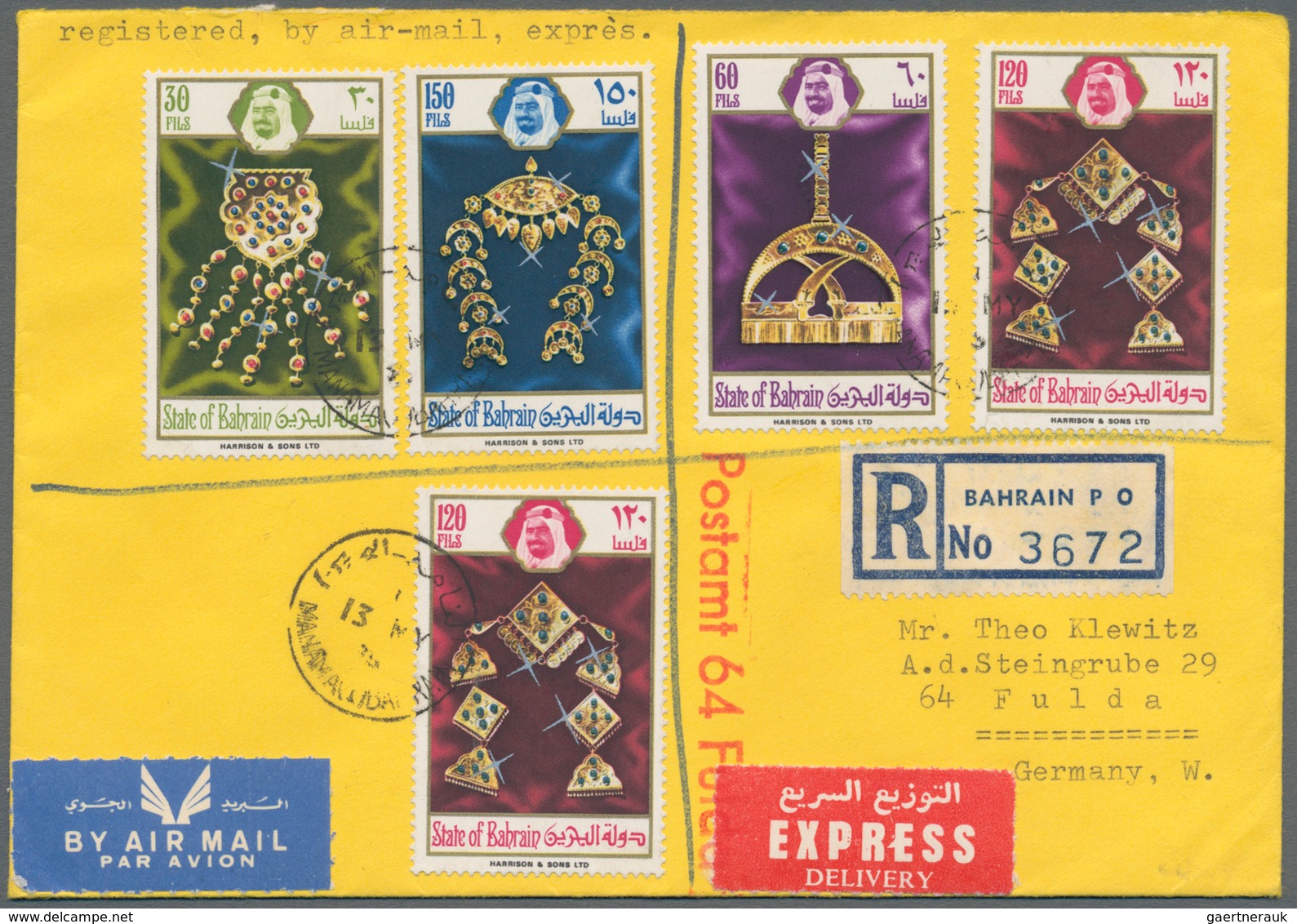 Bahrain: 1975, Jewelry, Two Complete Sets On Front/on Reverse Of Airmail Registered Express Letter F - Bahrain (1965-...)