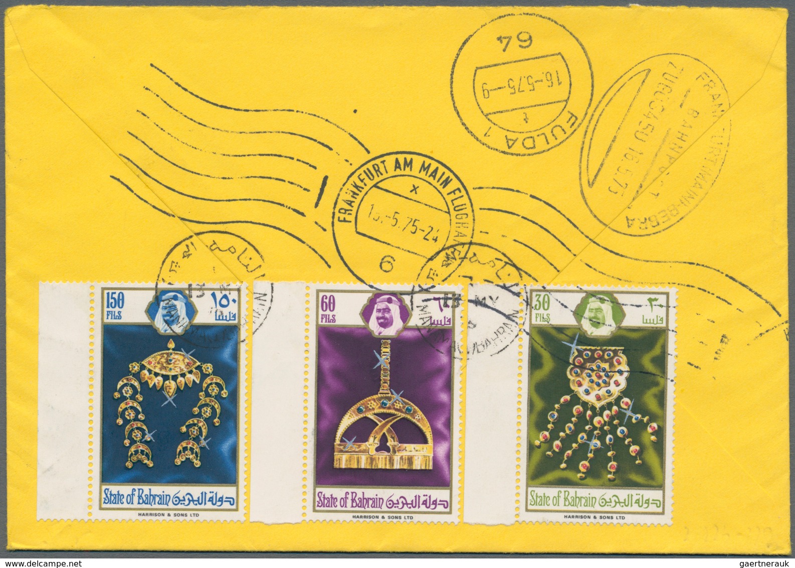 Bahrain: 1975, Jewelry, Two Complete Sets On Front/on Reverse Of Airmail Registered Express Letter F - Bahrain (1965-...)