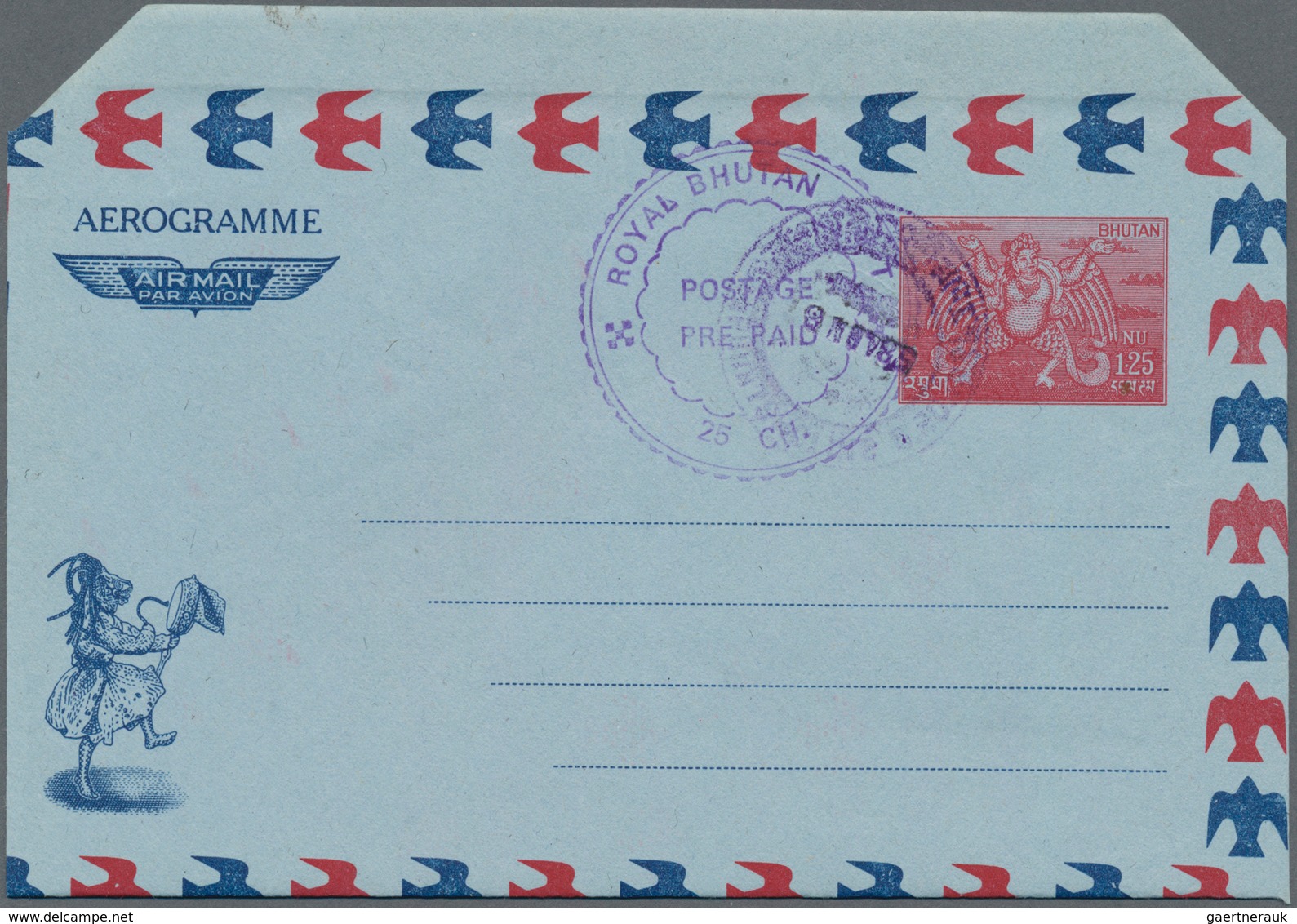 Bhutan: 1971 Unused And Revalued Postal Stationery Aerogram 25 Ch Blue On 1.25 Nu Red On Blue With D - Bhutan