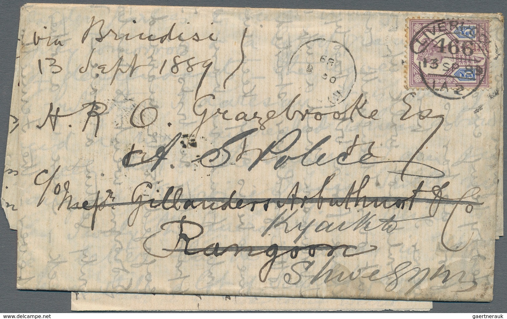 Birma / Burma / Myanmar: 1889, Cover Franked With 5d "Jubilee Issue" Dated "LONDON 13 SP 89" Sent Vi - Myanmar (Burma 1948-...)