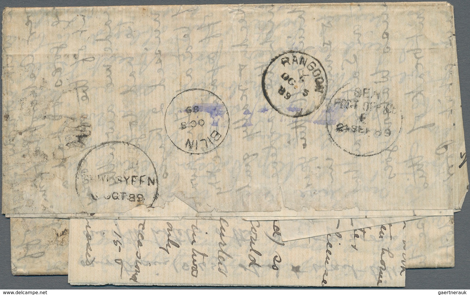 Birma / Burma / Myanmar: 1889, Cover Franked With 5d "Jubilee Issue" Dated "LONDON 13 SP 89" Sent Vi - Myanmar (Birma 1948-...)