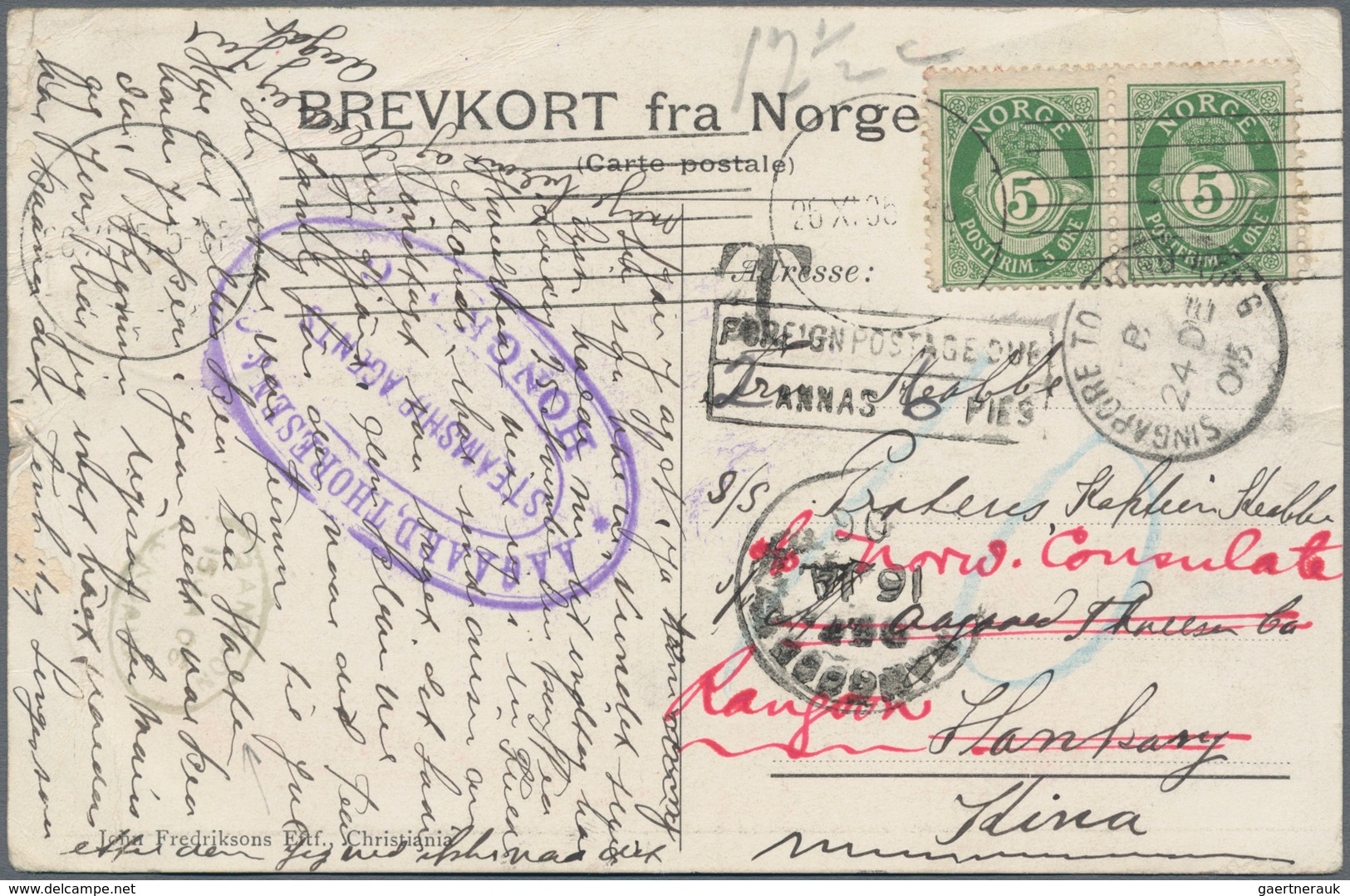 Birma / Burma / Myanmar: 1905, INCOMING MAIL: Norway, 2 X 5 Öre Green On Picture Postcard From Chris - Myanmar (Burma 1948-...)