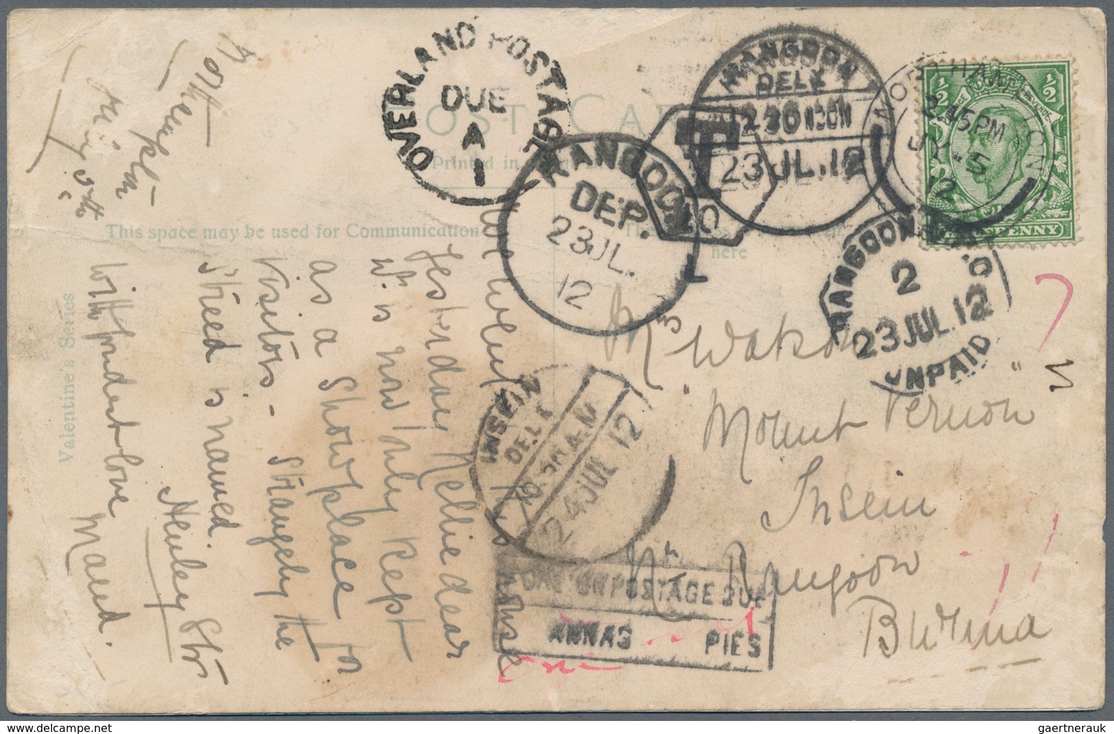 Birma / Burma / Myanmar: 1912 "RANGOON UNPAID", "POSTAGE DUE" And "INSEIN" Hand- And Datestamps On P - Myanmar (Burma 1948-...)