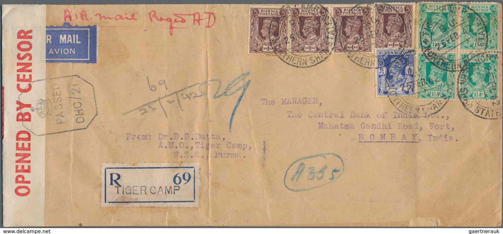 Birma / Burma / Myanmar: 1942. Registered Air Mail Envelope Addressed To India Bearing Burma SG 20, - Myanmar (Burma 1948-...)