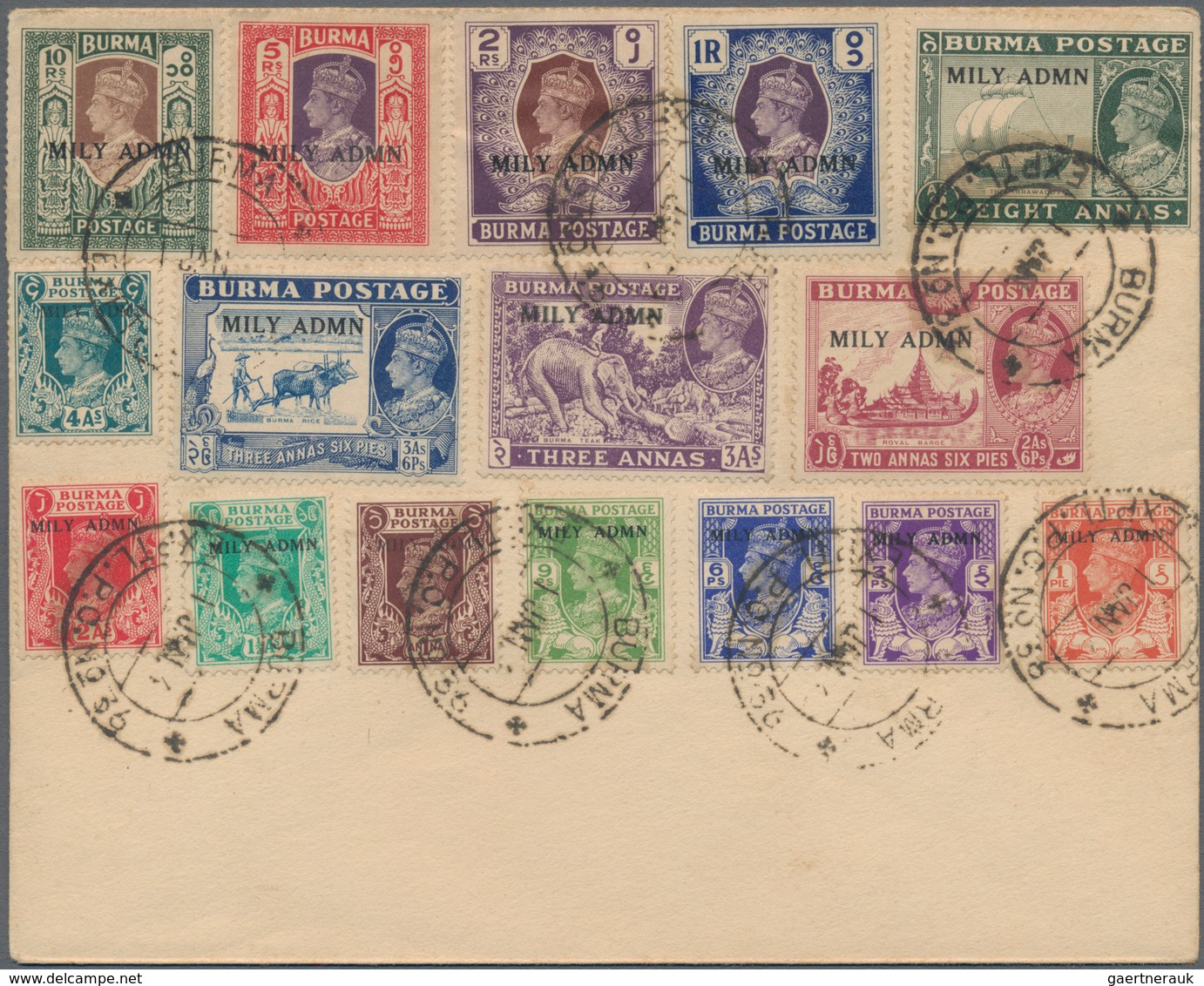 Birma / Burma / Myanmar: 1946, Unadressed Envelope With "MILY ADMN" Surcharged Set Of 16 Stamps Canc - Myanmar (Burma 1948-...)