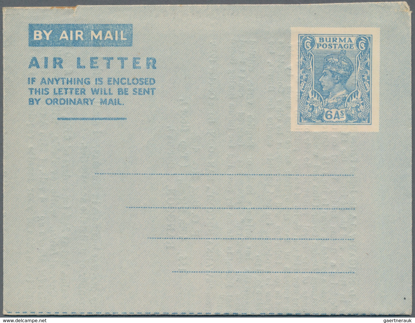 Birma / Burma / Myanmar: 1946 Unused And Preprinted Aerogram 6As Pale Blue On White, Inside With Lon - Myanmar (Burma 1948-...)