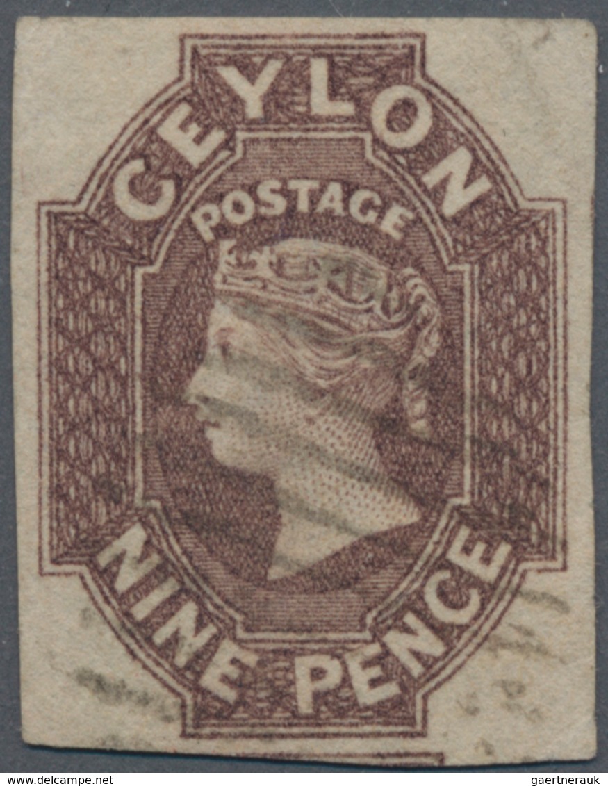 Ceylon / Sri Lanka: 1857-59 9d. Purple-brown, Used And Neatly Cancelled By Oval Of Bars, Cut Square - Sri Lanka (Ceylon) (1948-...)