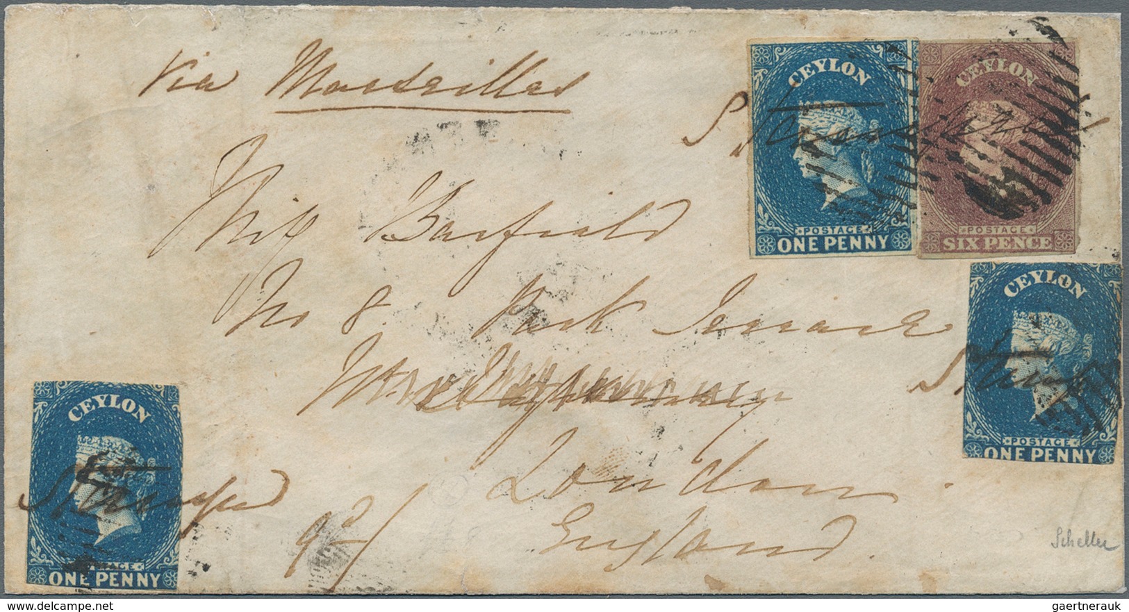 Ceylon / Sri Lanka: 1858 Cover From Jaffna To England Via Marseille, Franked By 1857 6d. Purple-brown - Sri Lanka (Ceylon) (1948-...)