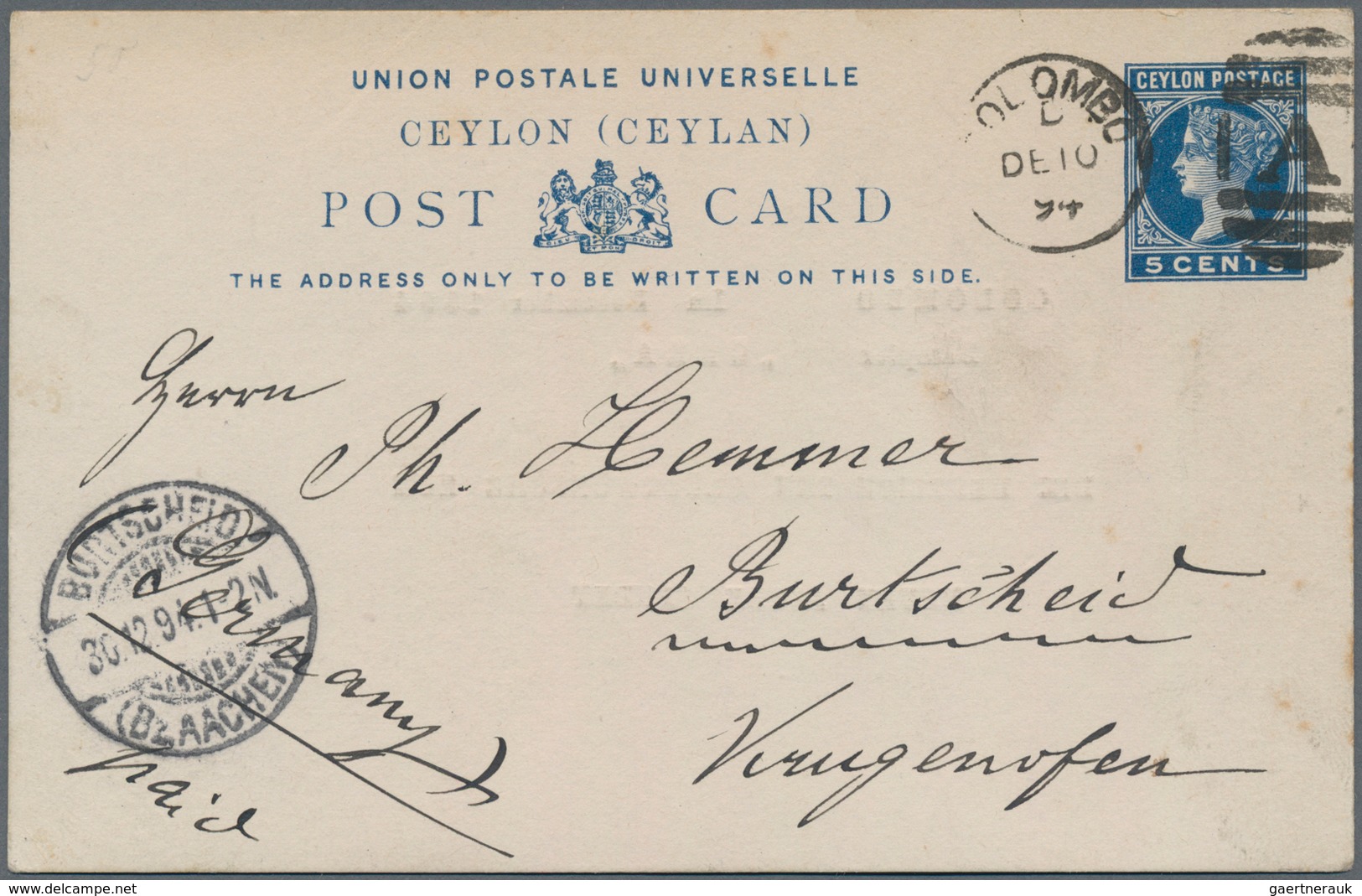 Ceylon / Sri Lanka: 1894/1909 German Ships: A Postal Stationery Card 5c. And A Cover Sent From Germa - Sri Lanka (Ceylon) (1948-...)