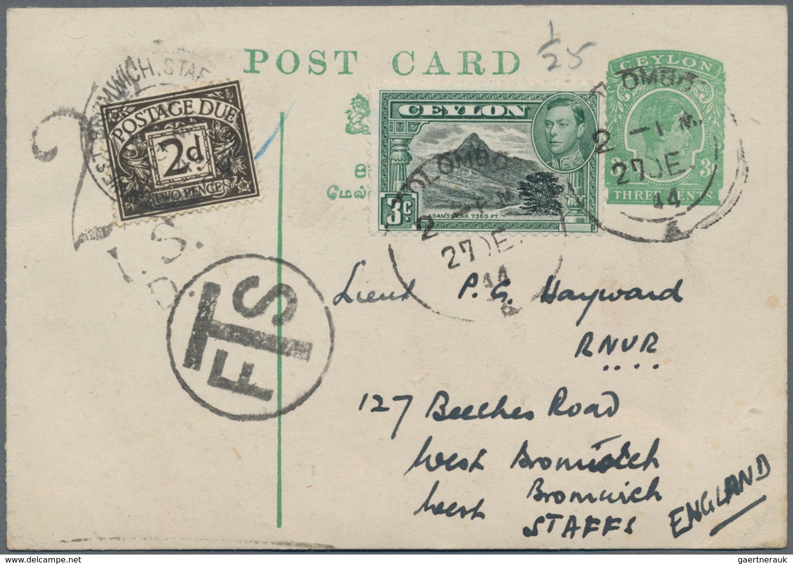 Ceylon / Sri Lanka: 1944/1953, Two Insufficiently Franked Postal Stationery Cards 3c. Green Used Fro - Sri Lanka (Ceilán) (1948-...)