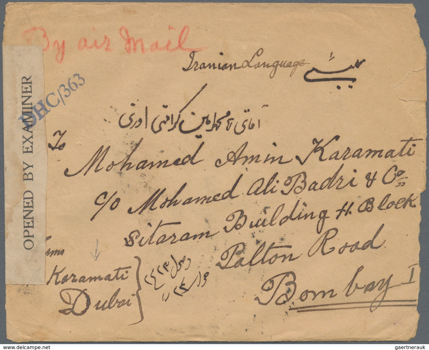 Dubai: 1940, 2 As. 6 P. Violet Single On Cover Tied By "DUBAI" Cds., Red Crayon Ms. "by Air Mail" An - Dubai