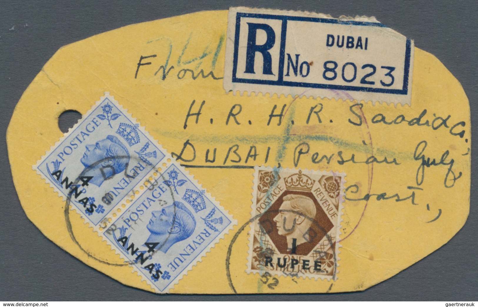 Dubai: 1952 Registered Air Mail 'Sample Tag' Addressed To London And Franked On The Reverse By Briti - Dubai