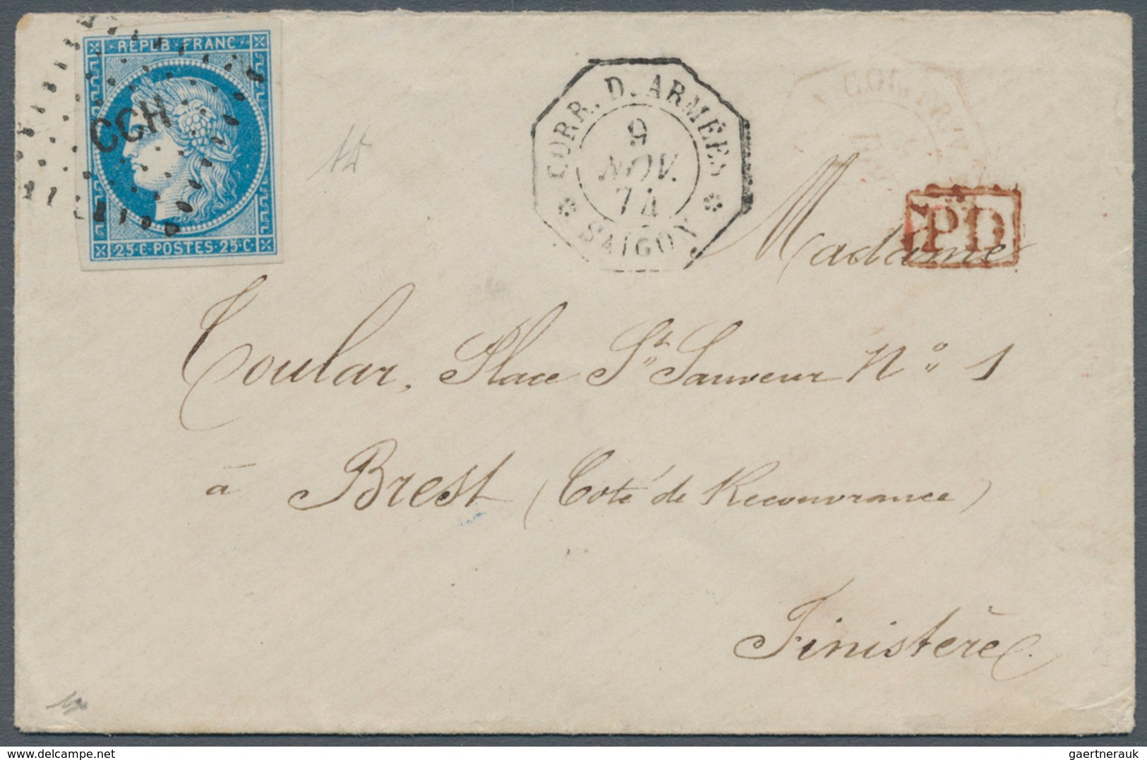 Französisch-Indochina: 1874 Military Cover From Saigon To Brest, France Via Marseille, Franked By Fr - Cartas & Documentos