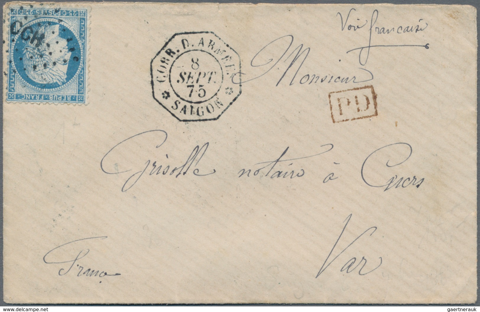 Französisch-Indochina: 1875, Ceres 25 C. Canc. Lozange Chiffre "CCH" W. Ocotogonal "CORR. D. ARMEES - Cartas & Documentos