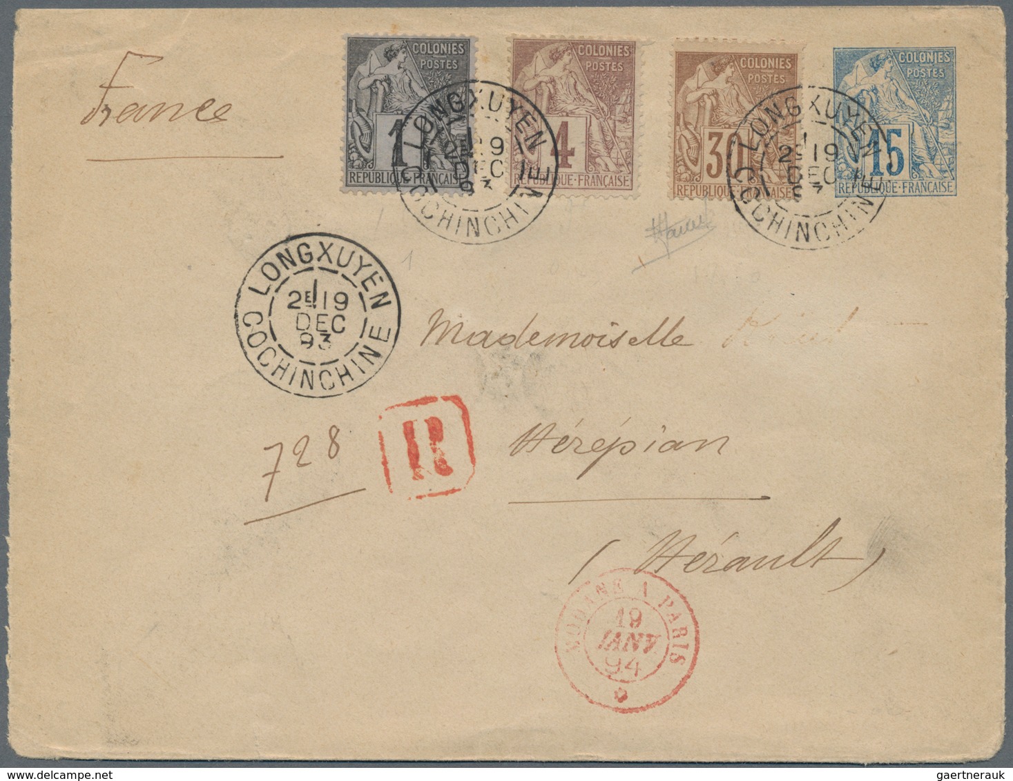 Französisch-Indochina: 1893, Forerunners, Envelope Type Sage 15 C. Uprated Sage 1 C., 4 C., 30 C. Ca - Cartas & Documentos