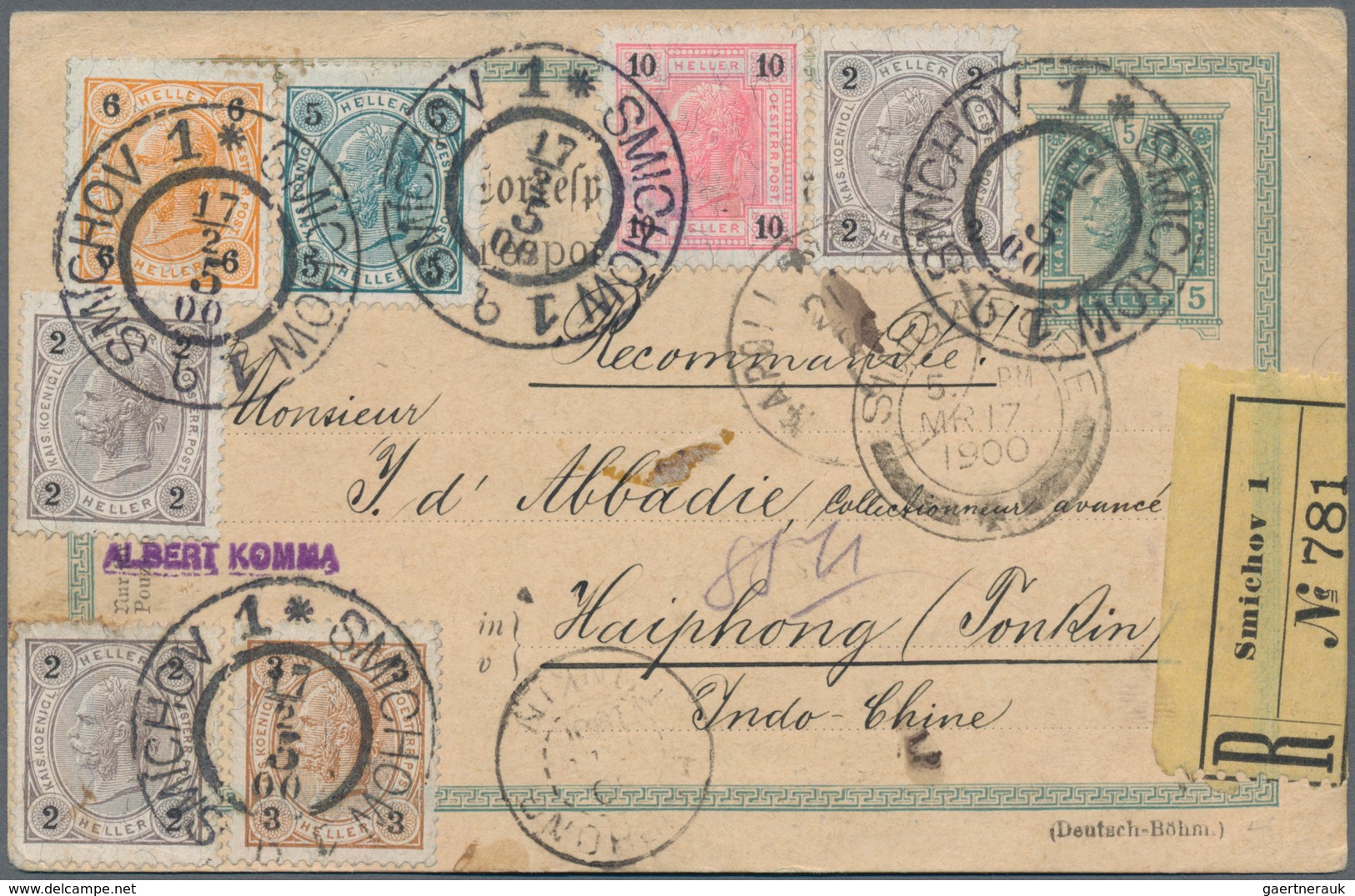 Französisch-Indochina: 1900, Incoming Registered Mail From SMICHOV/Bohemia/Austria, Uprated Statione - Covers & Documents