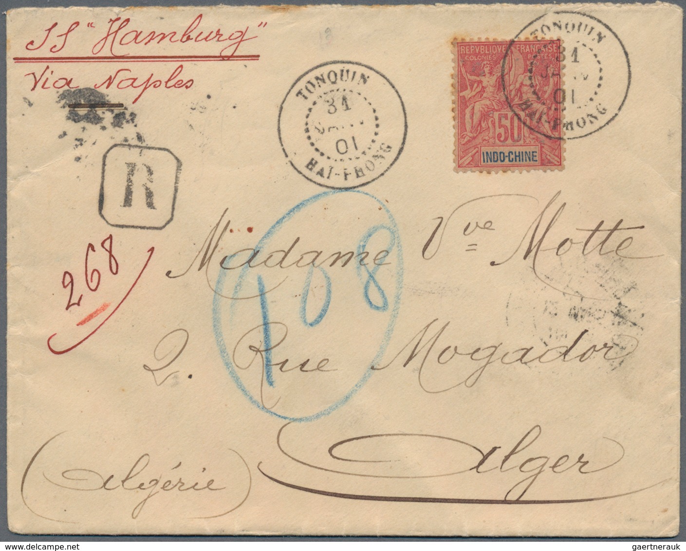 Französisch-Indochina: 1901, Sage 50 C. Tied "HAI-PHONG TONQUIN 31 JANV 01" To Small Size Registered - Covers & Documents