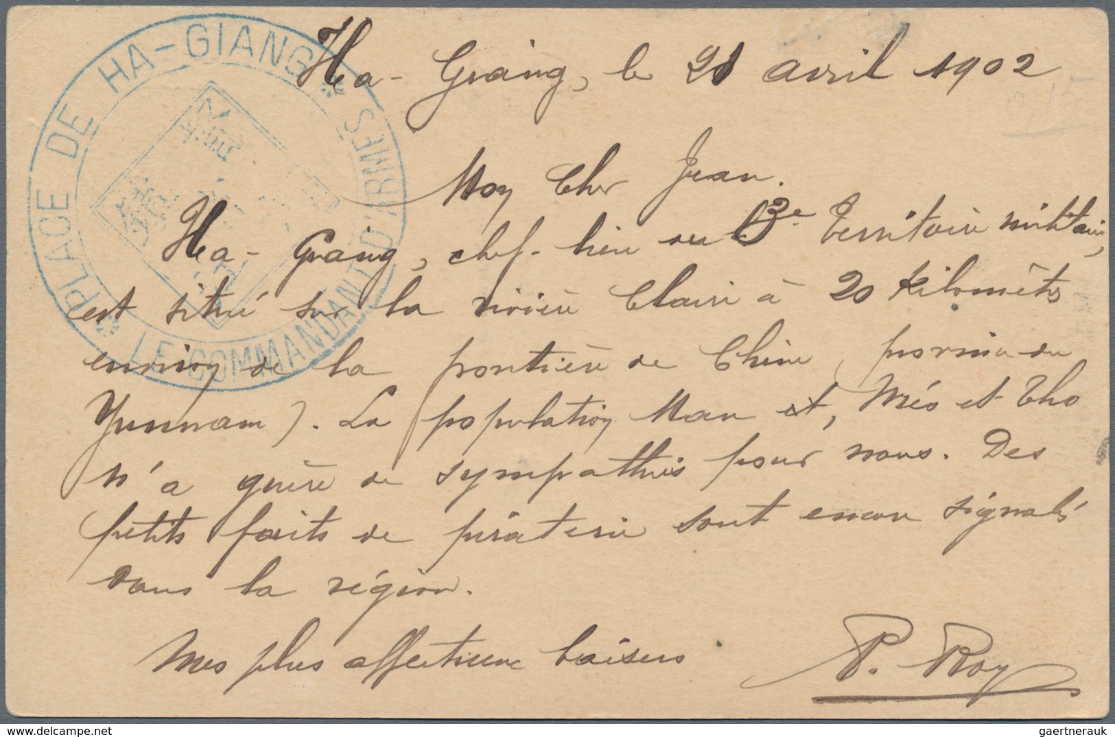 Französisch-Indochina: 1902, Ha-Giang: Colonies General Issue Card 10 C. Canc. Red "BA-GIANG 21 AVRI - Brieven En Documenten