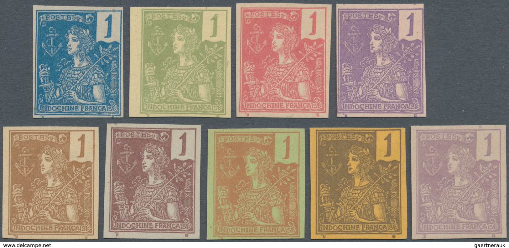 Französisch-Indochina: 1904, 1 Fr, Type Grasset, Series Of 9 Different Imperforated Colour Proofs, A - Cartas & Documentos