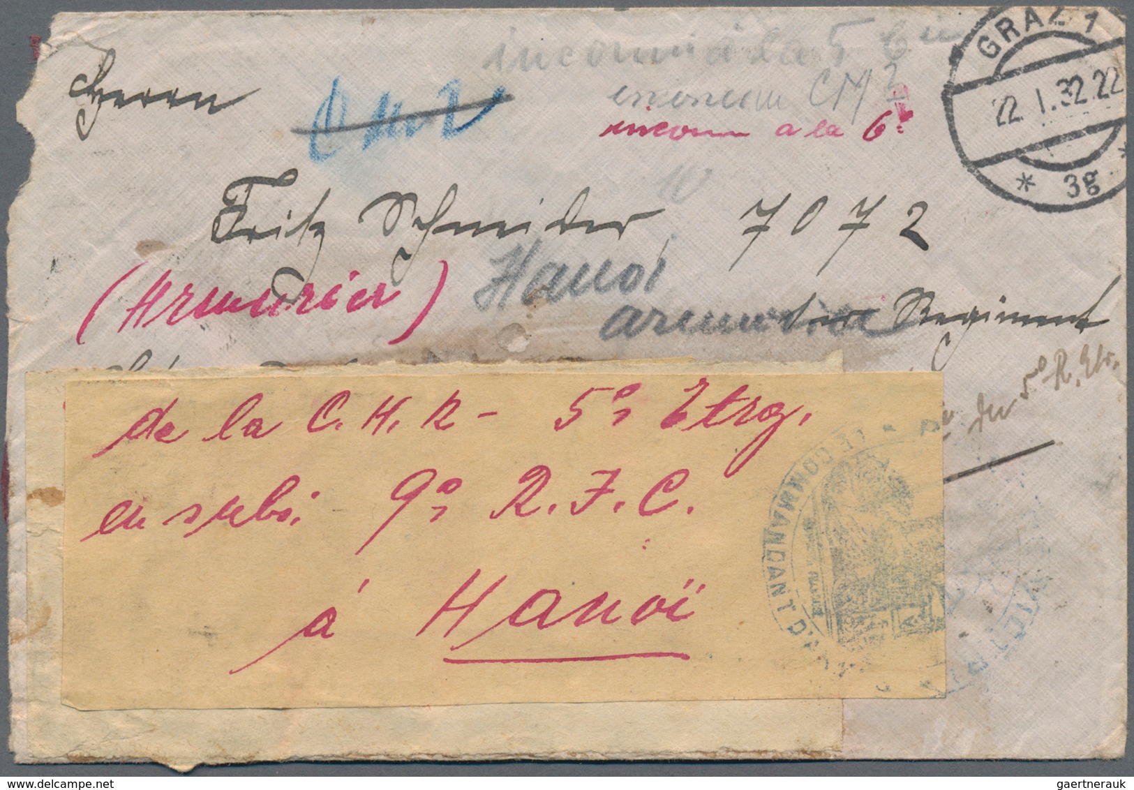 Französisch-Indochina: 1932, Incoming Mail From Austria, Cover Bearing Vertical Pair 20gr. Grey On R - Covers & Documents