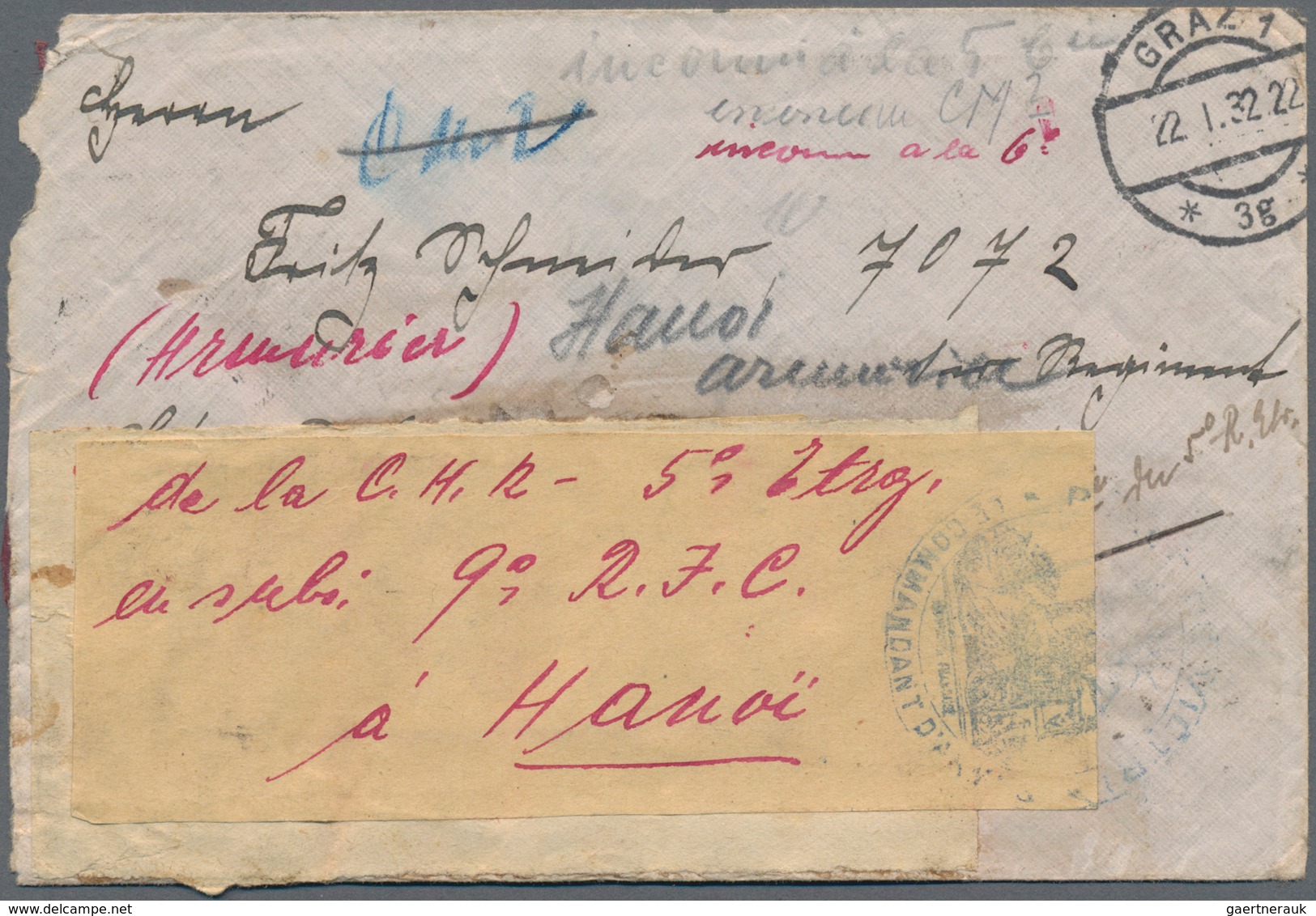 Französisch-Indochina: 1932, Incoming Mail From Austria, Cover Bearing Vertical Pair 20gr. Grey On R - Brieven En Documenten