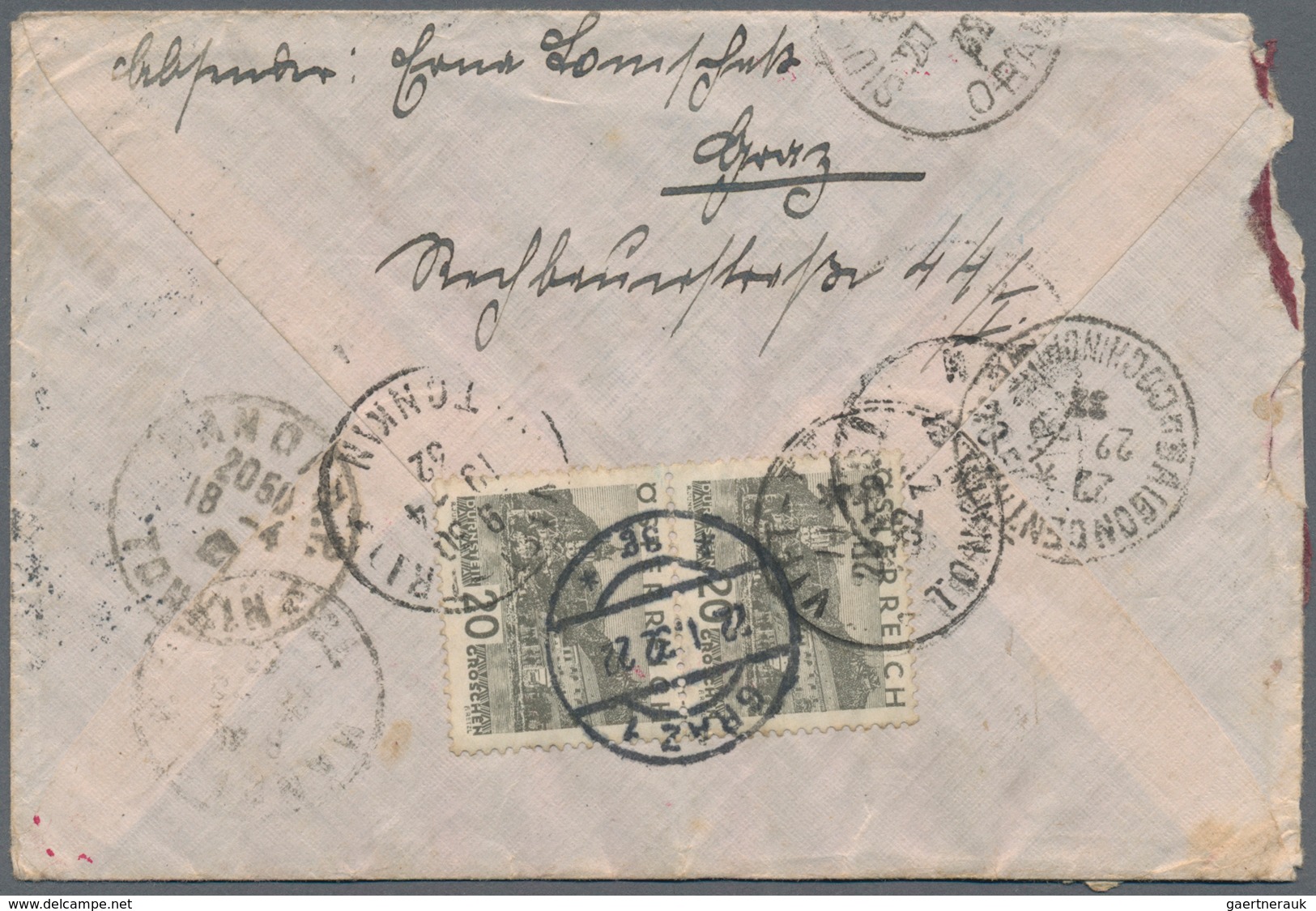 Französisch-Indochina: 1932, Incoming Mail From Austria, Cover Bearing Vertical Pair 20gr. Grey On R - Covers & Documents