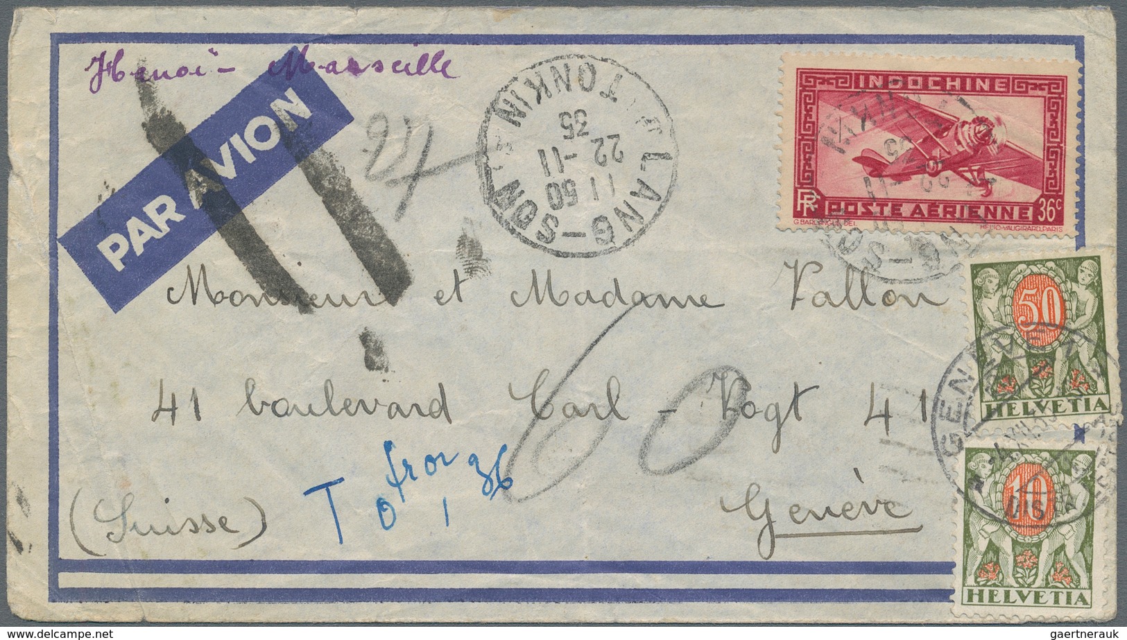 Französisch-Indochina: 1935, Underfranked Airmail Cover From "LANG-SON - TONKIN 22-11-35" Via Hanoi- - Covers & Documents