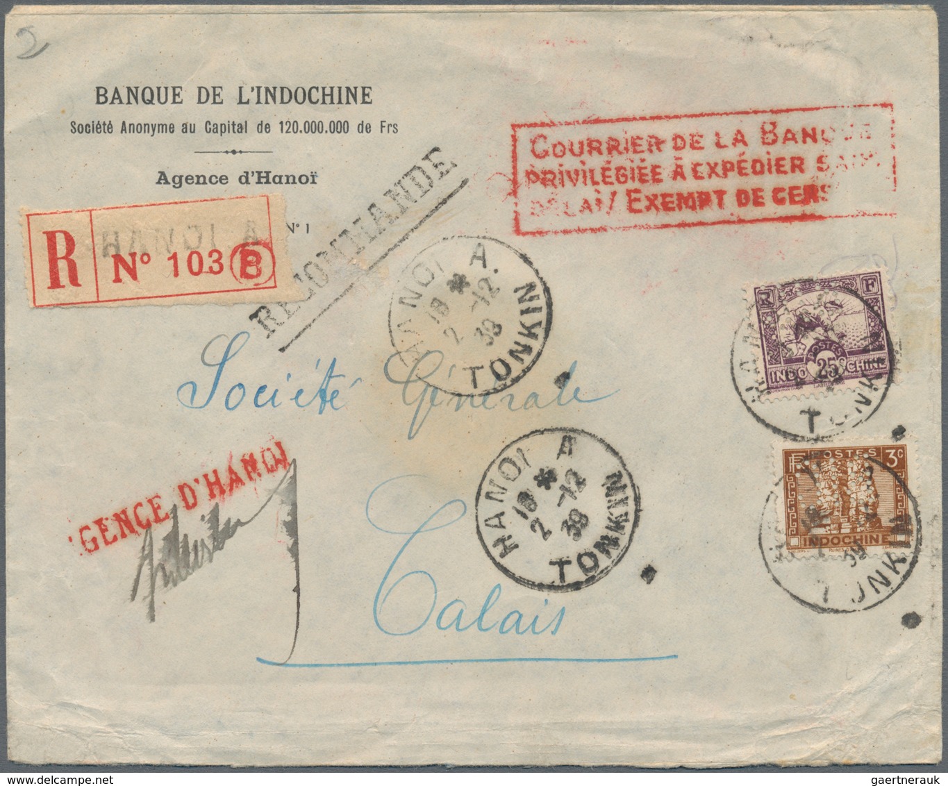 Französisch-Indochina: 1939, Boxed Vermilion "Bank Mail / Priviledged Expediting Without Delay / Exe - Covers & Documents