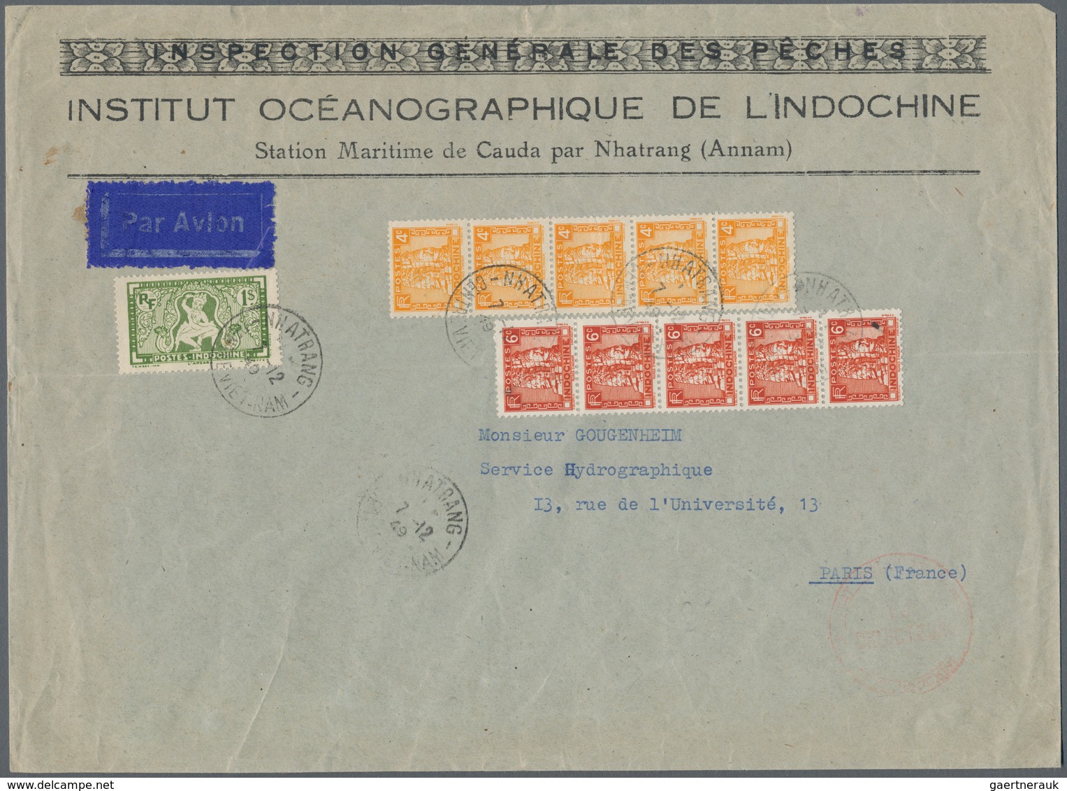 Französisch-Indochina: 1940, 4 C Yellow And 6 C Red, Each As Vertical Strip Of 5, Together With 1 P - Brieven En Documenten